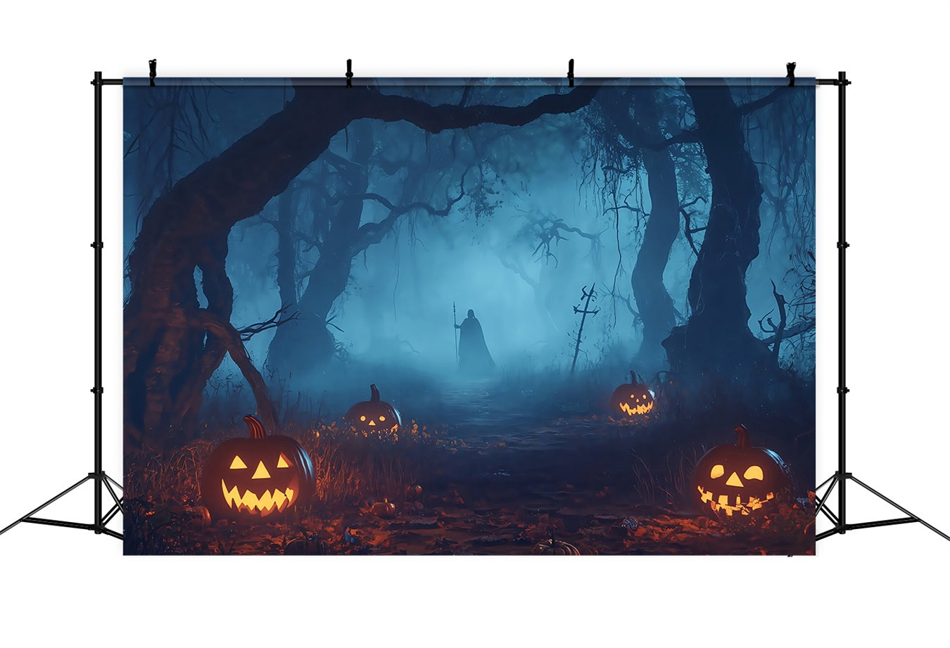 Halloween Graveyard Backdrop Pumpkin-Lit Haunted Forest with Mysterious Figure Halloween Photo Backdrops UK TWW58-32
