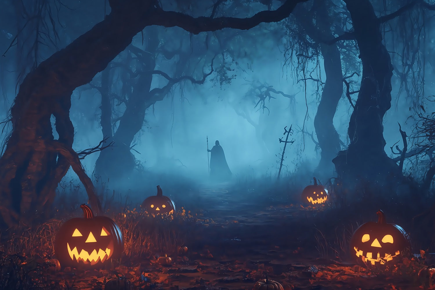 Halloween Graveyard Backdrop Pumpkin-Lit Haunted Forest with Mysterious Figure Halloween Photo Backdrops UK TWW58-32