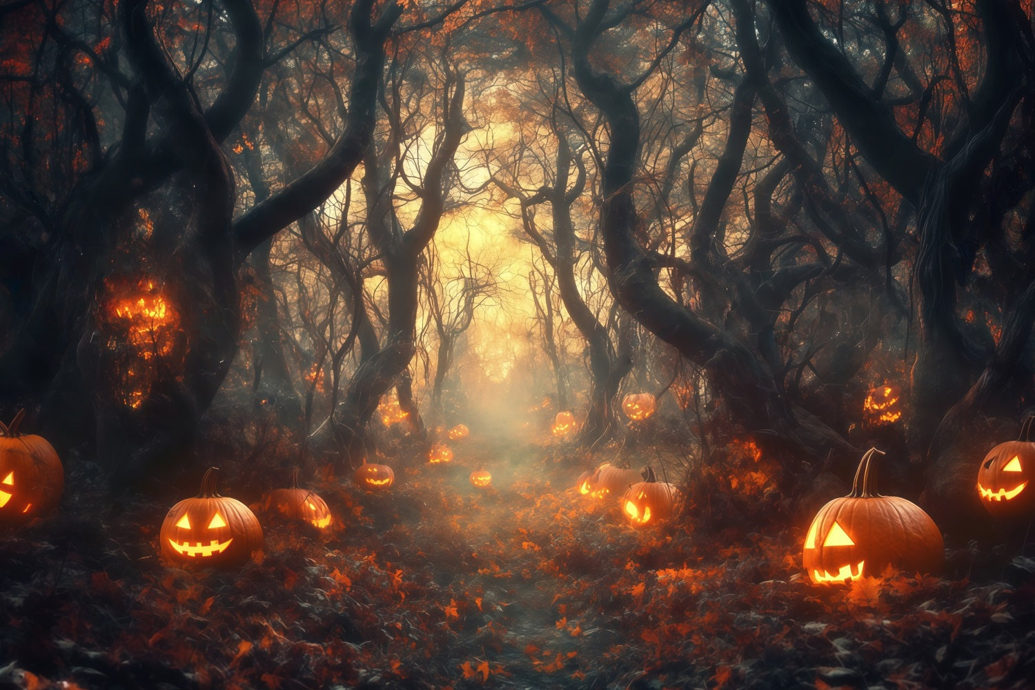 Halloween Graveyard Backdrop Glowing Jack O’Lantern Forest Path Halloween Photo Backdrops UK TWW58-33