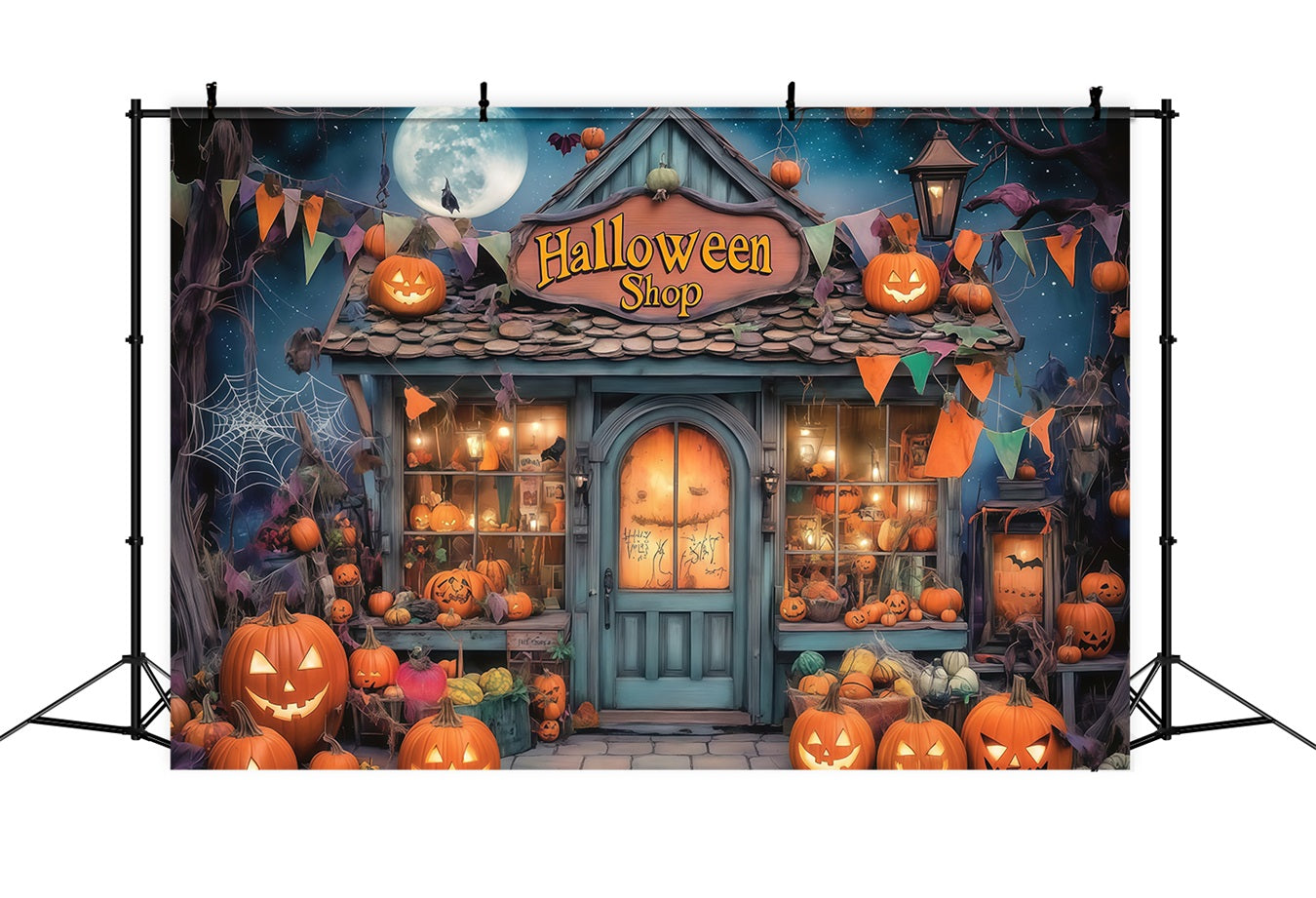 Haunted House Backdrop Pumpkin Filled Spooky Halloween Shopfront Halloween Photo Backdrops UK TWW58-34