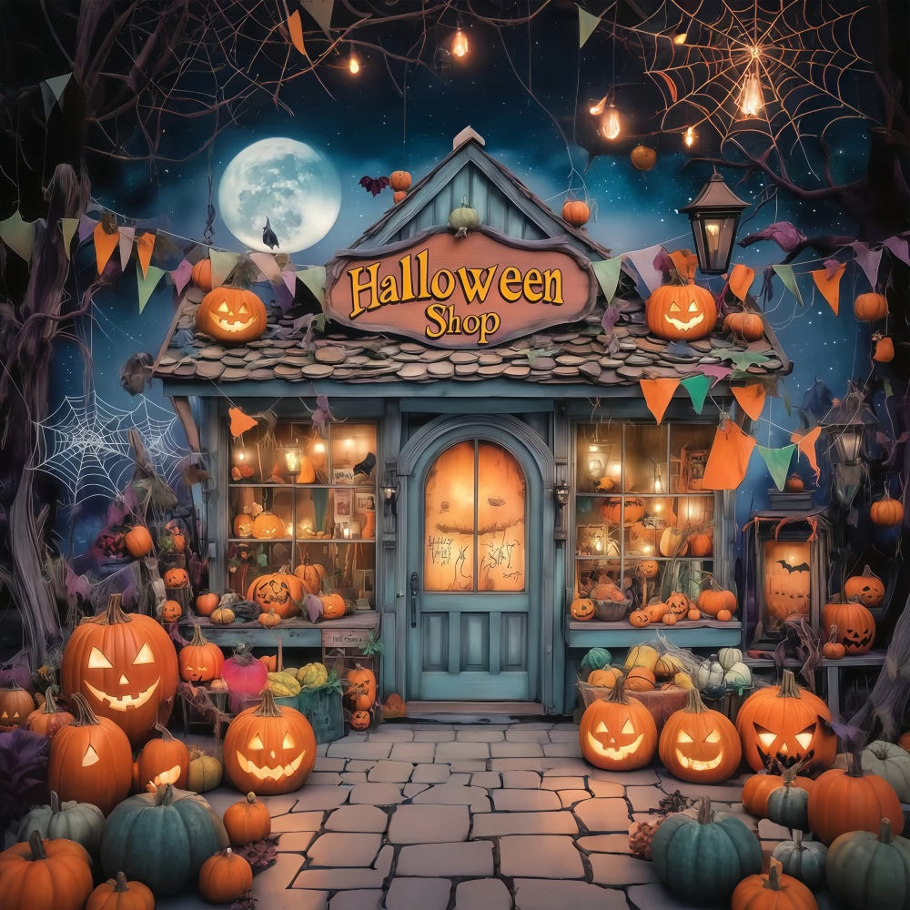 Haunted House Backdrop Pumpkin Filled Spooky Halloween Shopfront Halloween Photo Backdrops UK TWW58-34