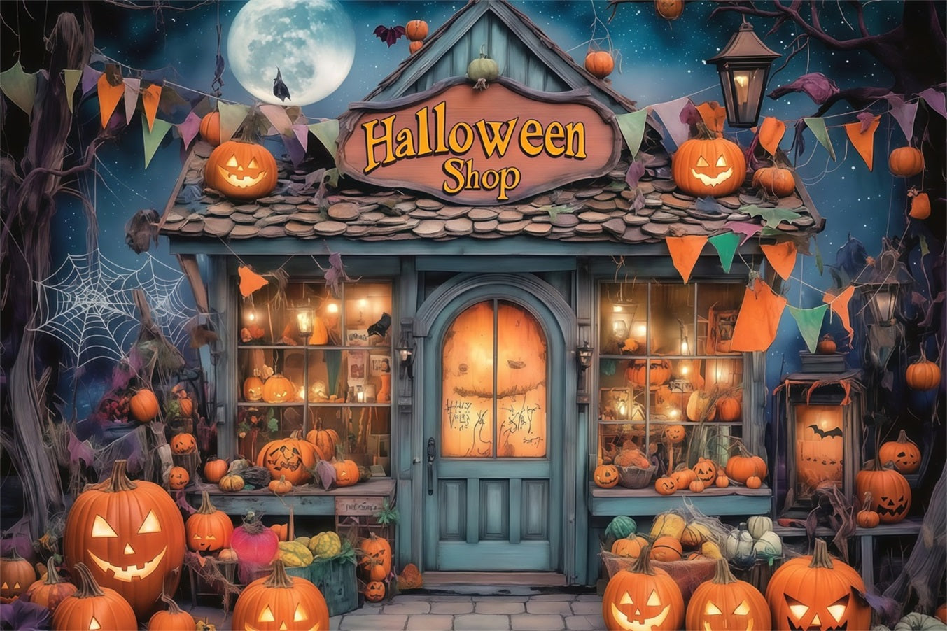 Haunted House Backdrop Pumpkin Filled Spooky Halloween Shopfront Halloween Photo Backdrops UK TWW58-34