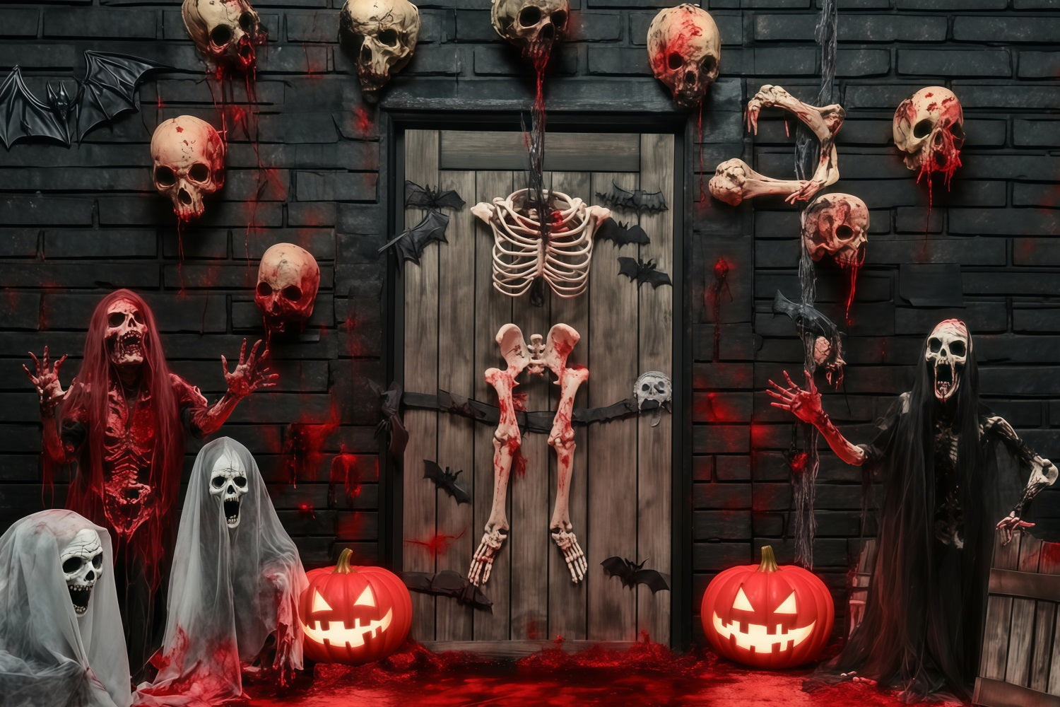 Garage Door Halloween Backdrop Bloody Skeletons and Skulls Haunted Door Scary Halloween Backdrops UK TWW58-35
