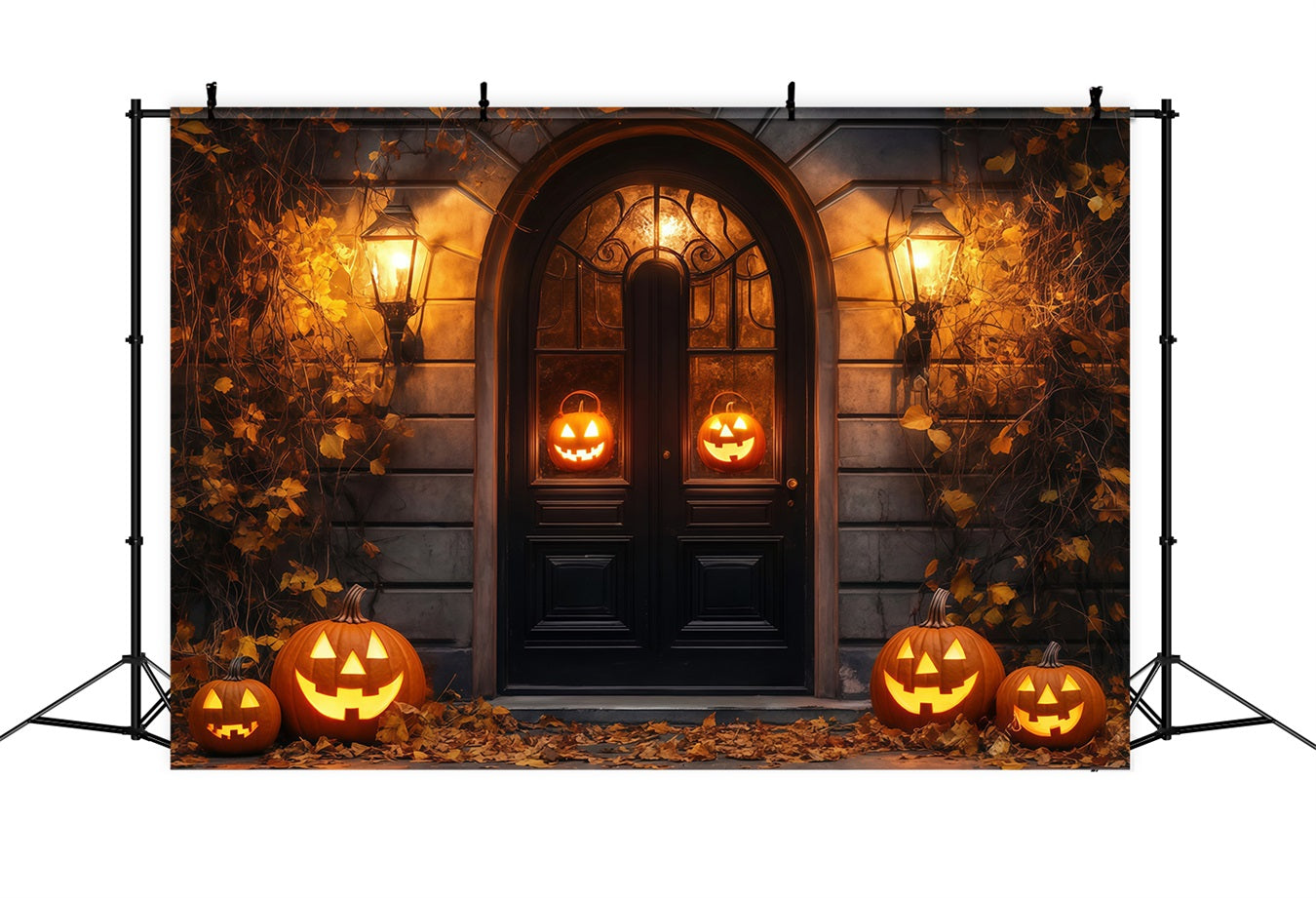 Garage Door Halloween Backdrop Glowing Jack-O’-Lanterns Rustic Doorway Spooky Halloween Backdrop UK TWW58-37