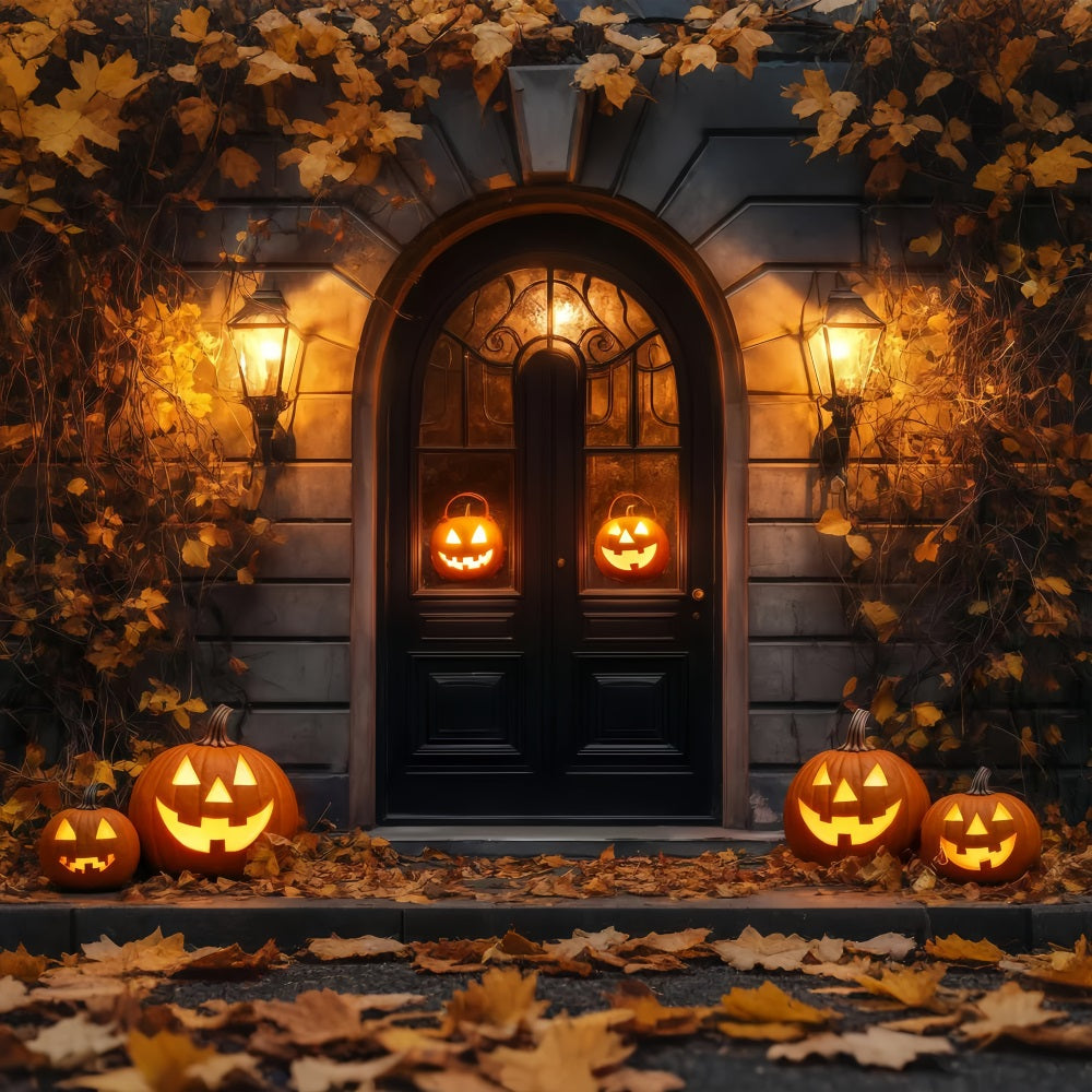 Garage Door Halloween Backdrop Glowing Jack-O’-Lanterns Rustic Doorway Spooky Halloween Backdrop UK TWW58-37