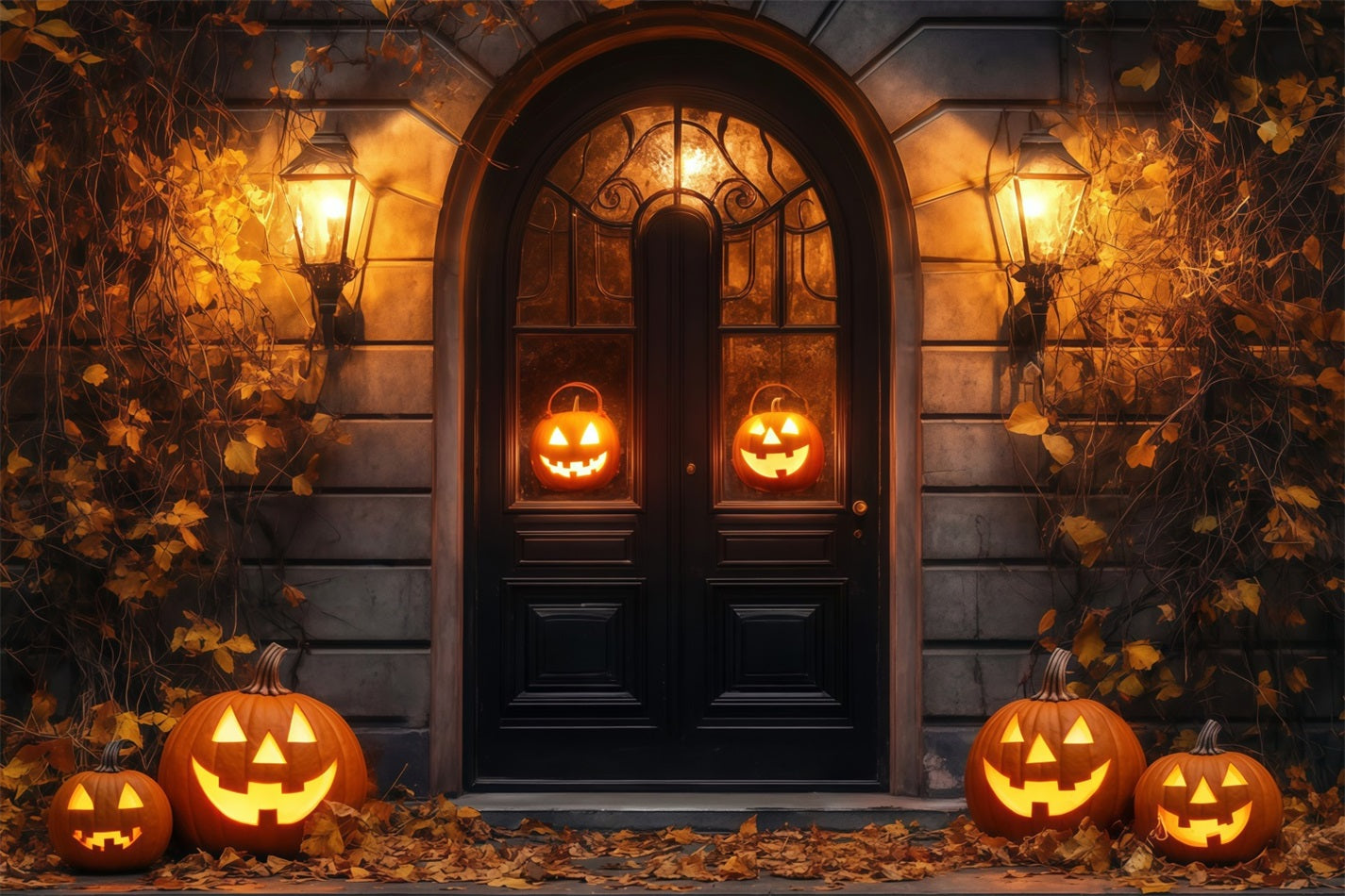 Garage Door Halloween Backdrop Glowing Jack-O’-Lanterns Rustic Doorway Spooky Halloween Backdrop UK TWW58-37