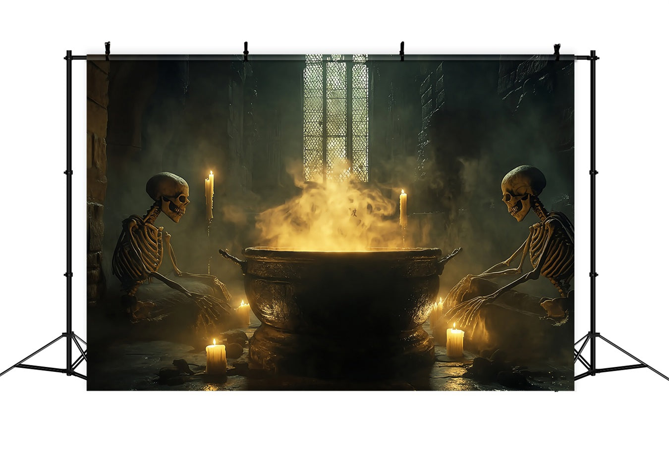 Haunted House Backdrop Skeletons Stirring Bubbling Witch Cauldron Spooky Halloween Backdrop UK TWW58-38