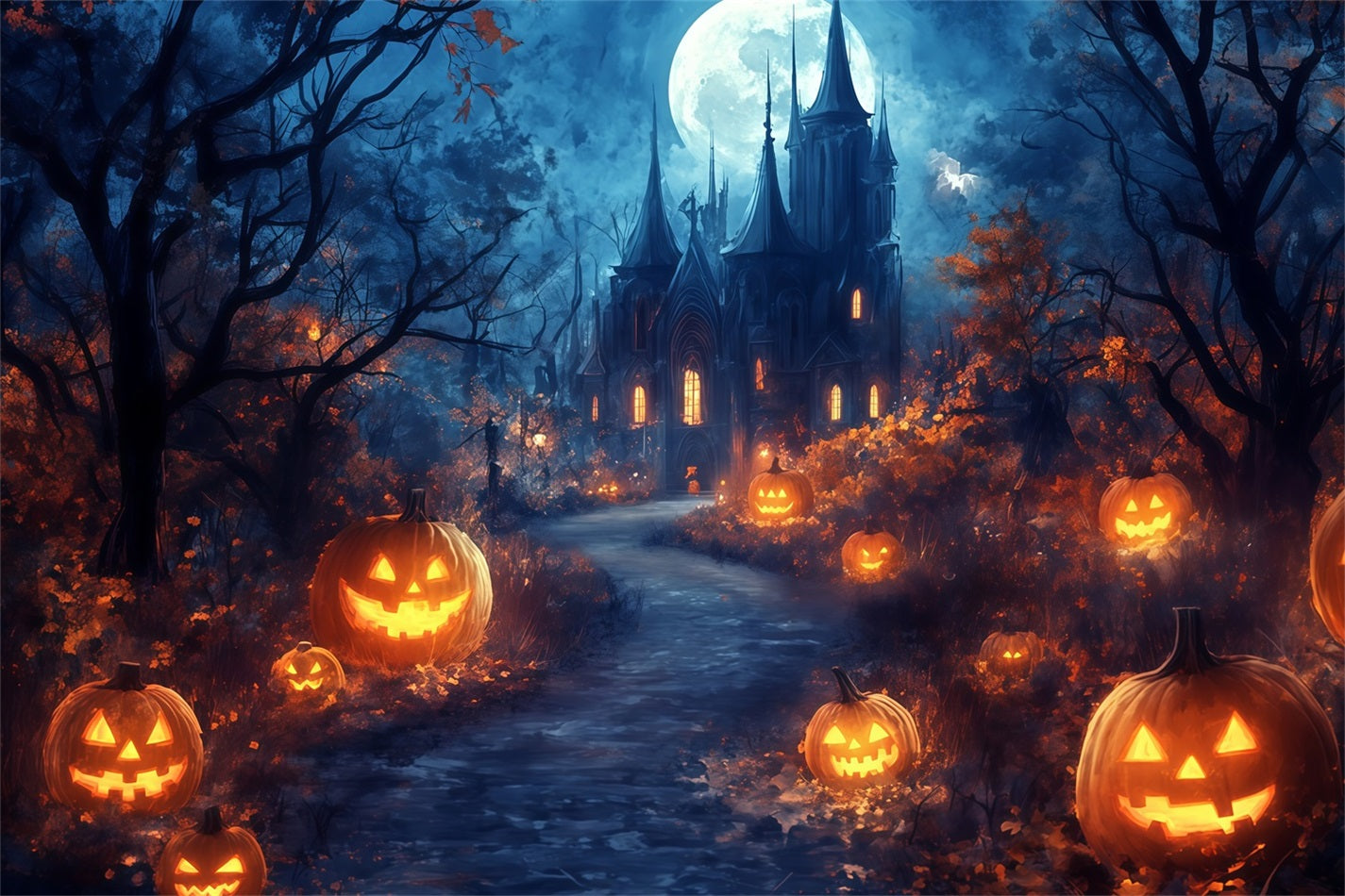 Halloween Moonlit Pathway to Haunted Pumpkin Castle Spooky Halloween Backdrop UK TWW58-39