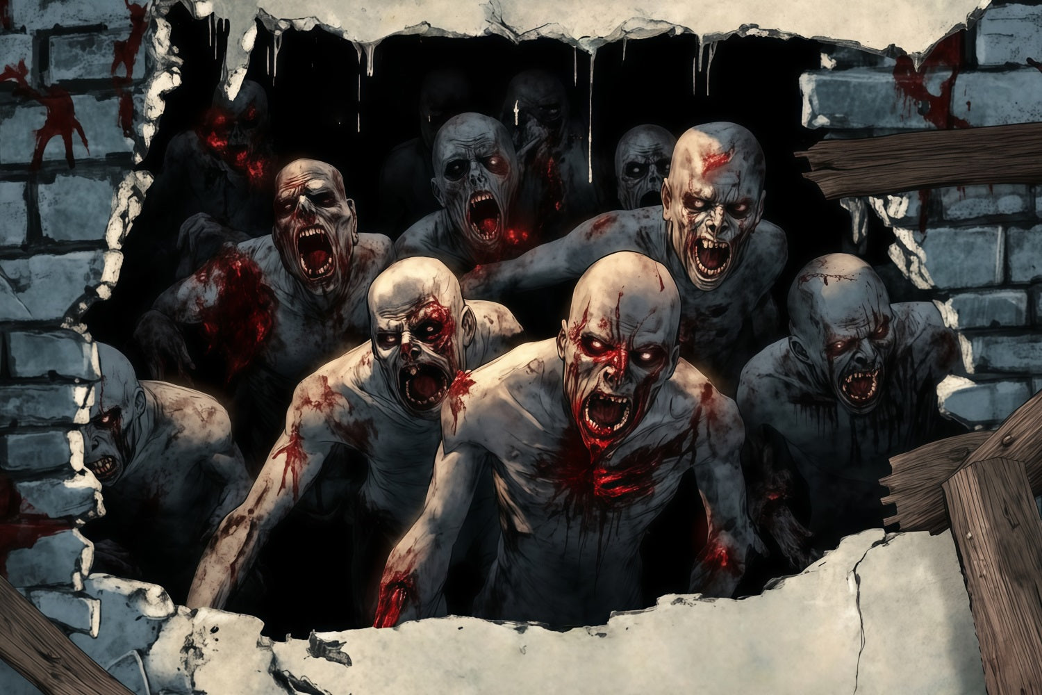 Garage Door Halloween Backdrop Bloodthirsty Zombies Breaking Through Wall Scary Halloween Backdrops UK TWW58-40