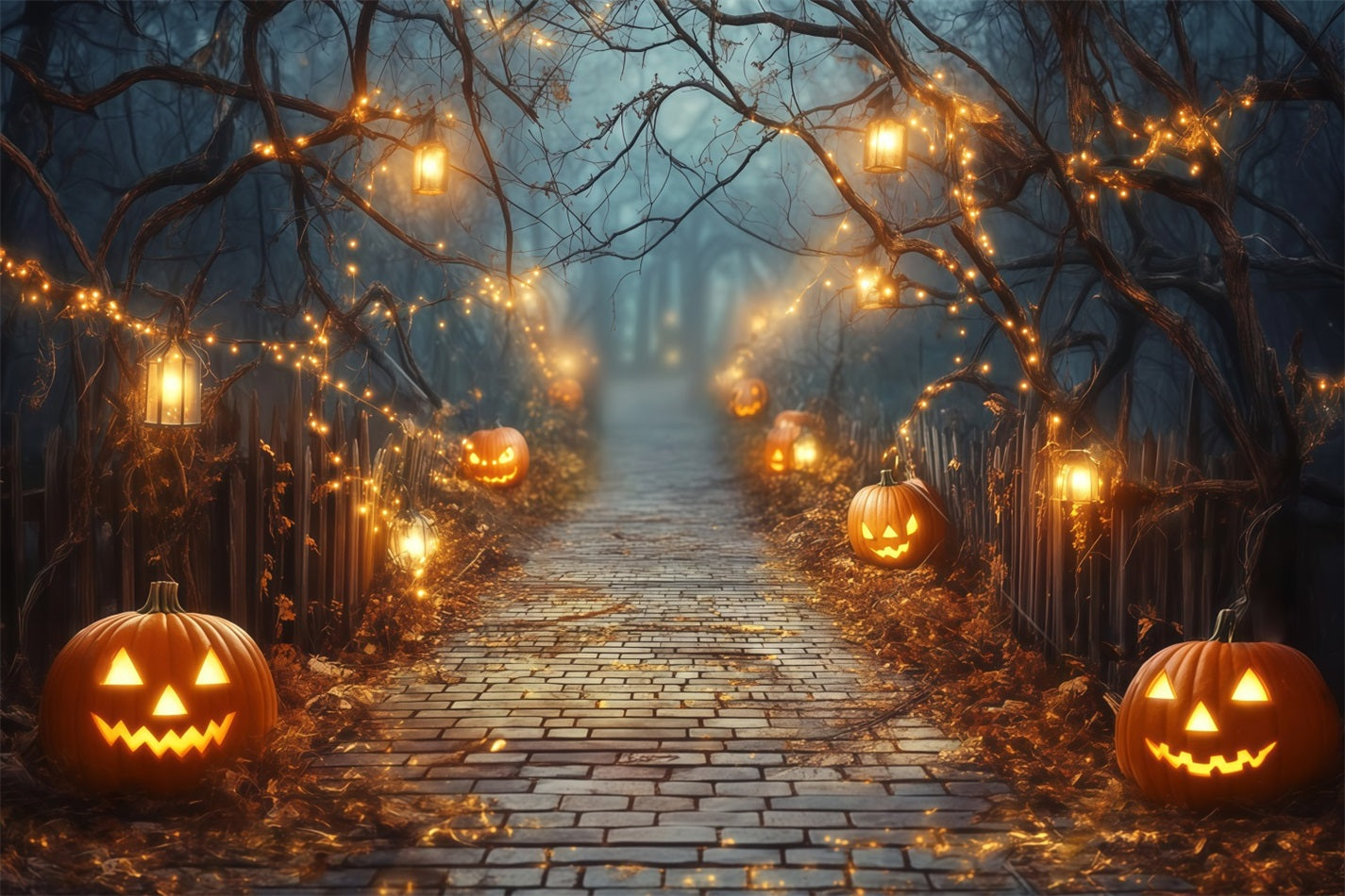 Halloween Glowing Jack-O’-Lantern Pathway with Lanterns Halloween Photography Backdrop UK TWW58-42