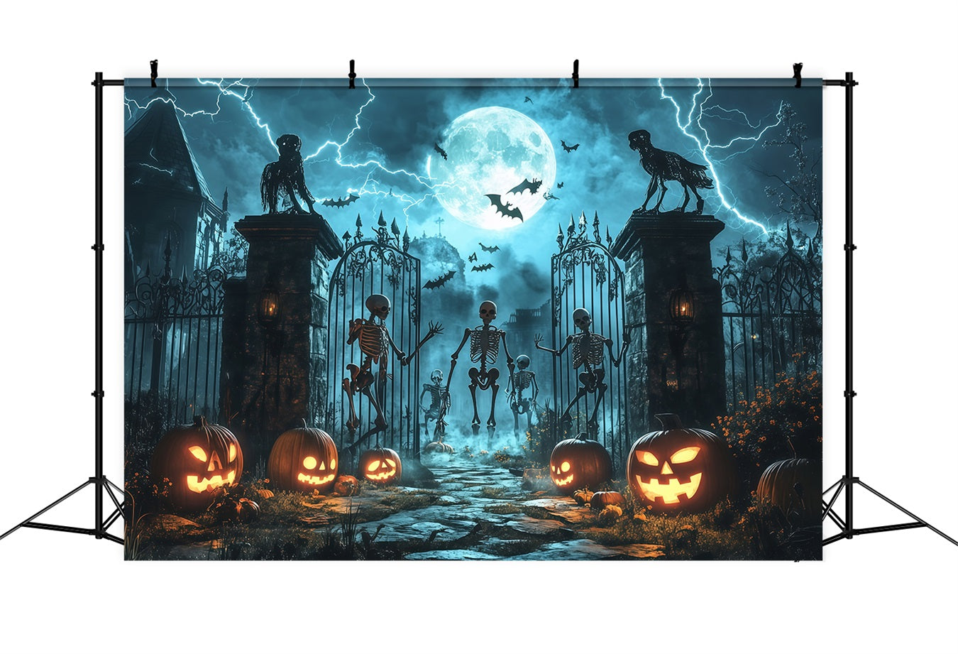 Halloween Skeletons and Pumpkins at Haunted Gates Halloween Photography Backdrop UK TWW58-43