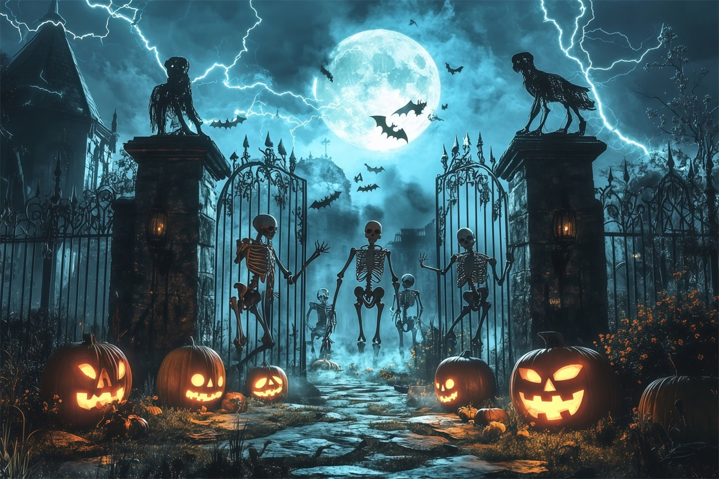 Halloween Skeletons and Pumpkins at Haunted Gates Halloween Photography Backdrop UK TWW58-43