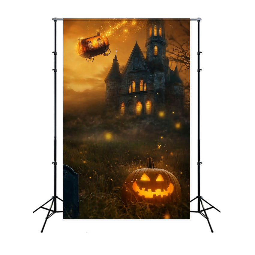 Halloween Graveyard Backdrop Pumpkin Carriage Flying over Spooky Castle Halloween Photography Backdrop UK TWW58-44