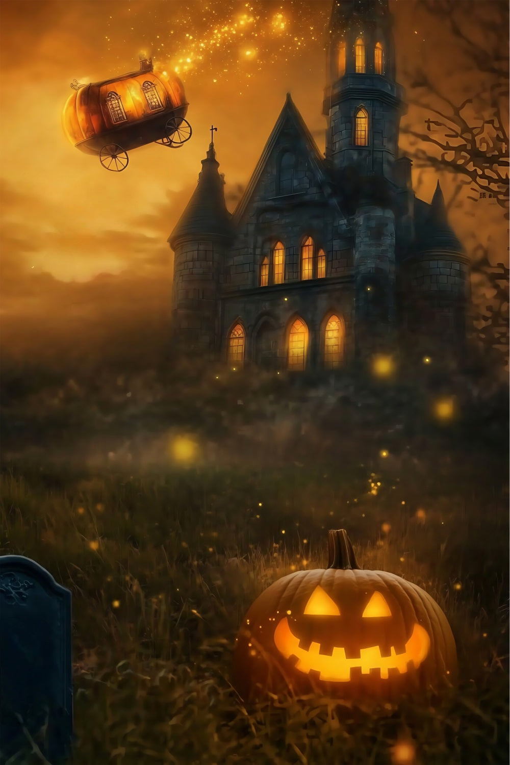 Halloween Graveyard Backdrop Pumpkin Carriage Flying over Spooky Castle Halloween Photography Backdrop UK TWW58-44