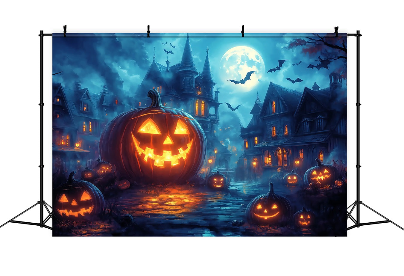 Halloween Graveyard Backdrop Glowing Jack-O’-Lantern Street under Full Moon Halloween Photography Backdrop UK TWW58-45