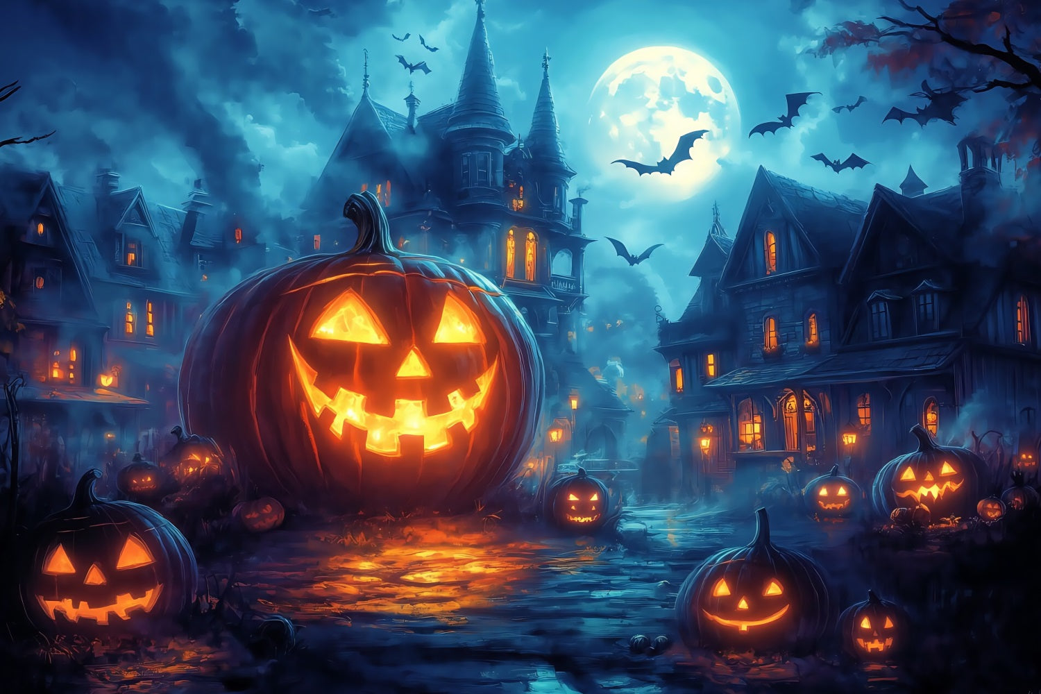 Halloween Graveyard Backdrop Glowing Jack-O’-Lantern Street under Full Moon Halloween Photography Backdrop UK TWW58-45