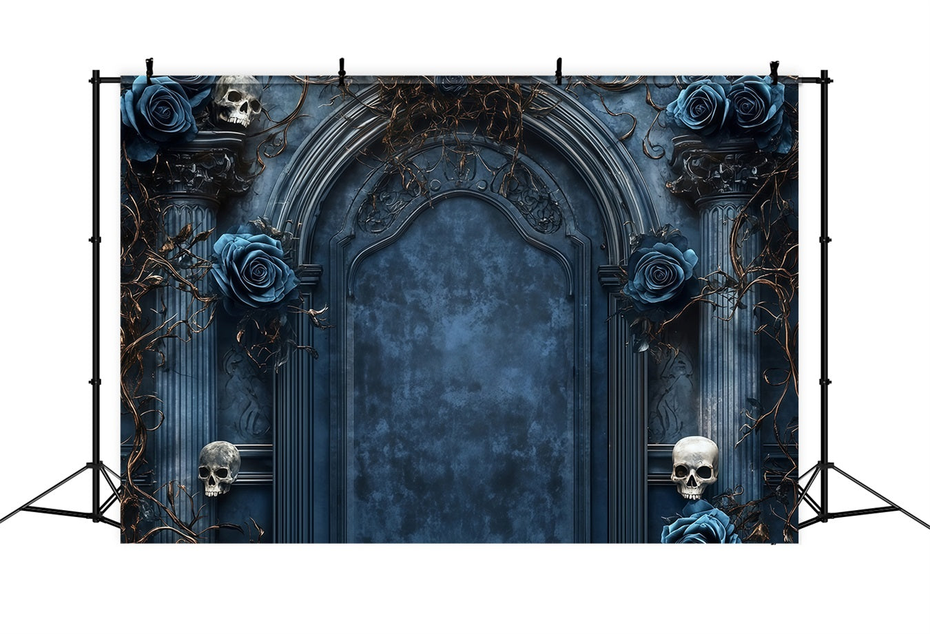 Garage Door Halloween Backdrop Gothic Arch with Blue Roses and Skulls Spooky Halloween Backdrop UK TWW58-46