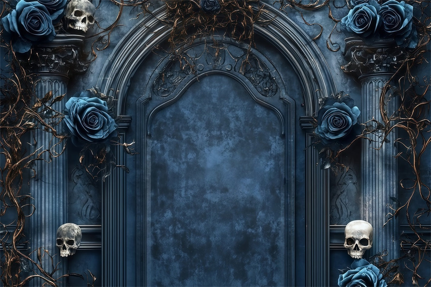 Garage Door Halloween Backdrop Gothic Arch with Blue Roses and Skulls Spooky Halloween Backdrop UK TWW58-46
