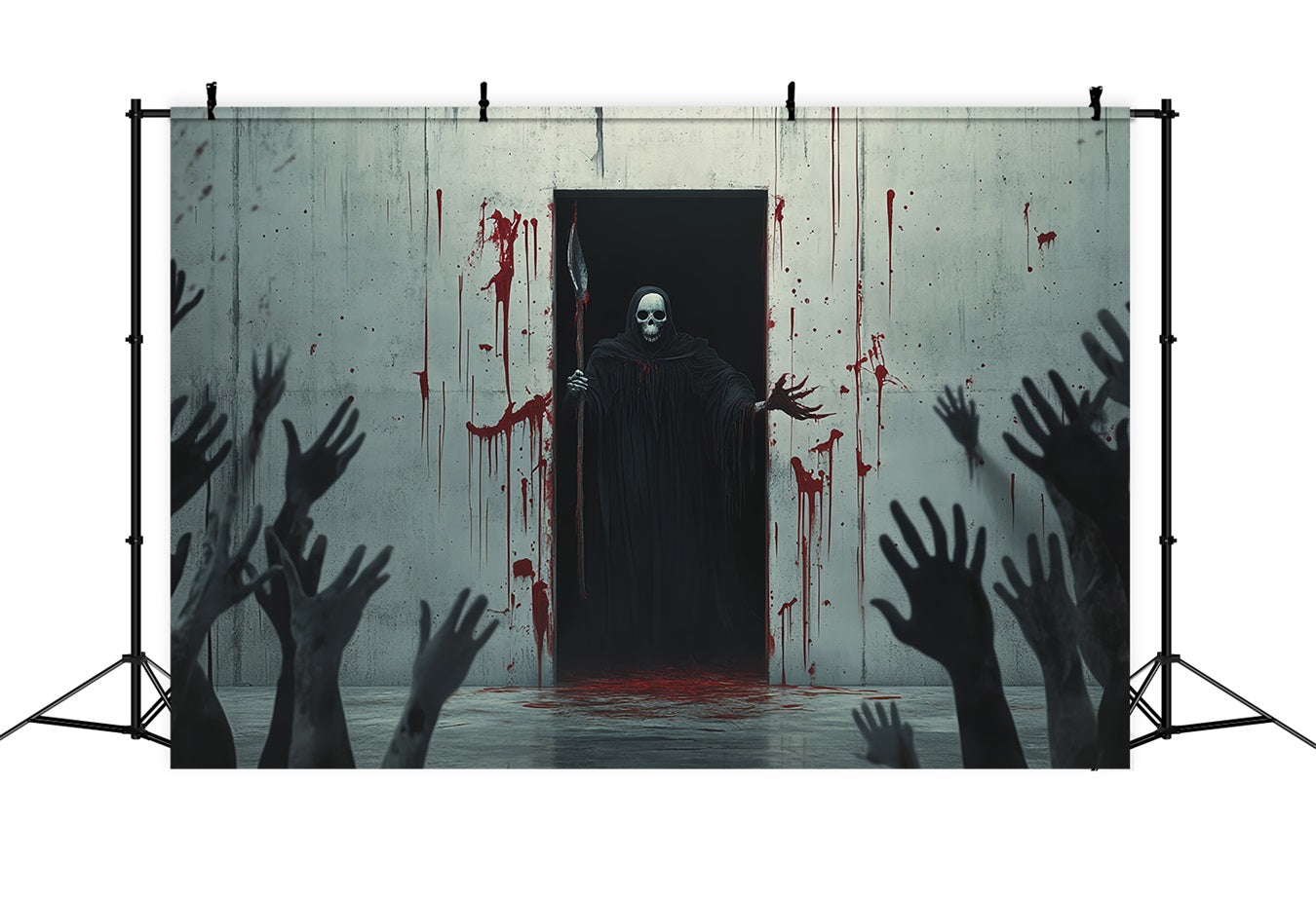 Halloween Wall Backdrop Bloodstained Wall with Grim Reaper Figure Scary Halloween Backdrops UK TWW58-47