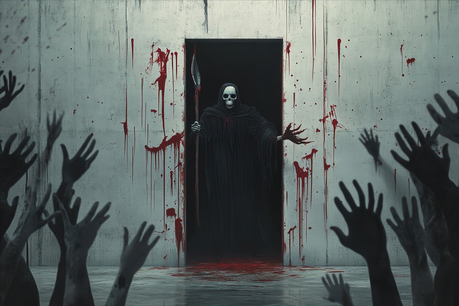 Halloween Wall Backdrop Bloodstained Wall with Grim Reaper Figure Scary Halloween Backdrops UK TWW58-47