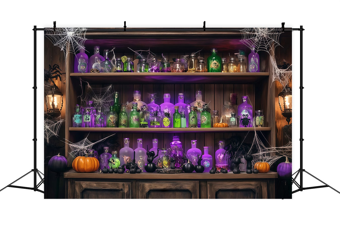 Halloween Wall Backdrop Potion Bottles and Cobwebs on Wooden Shelf Halloween Backdrops UK TWW58-48