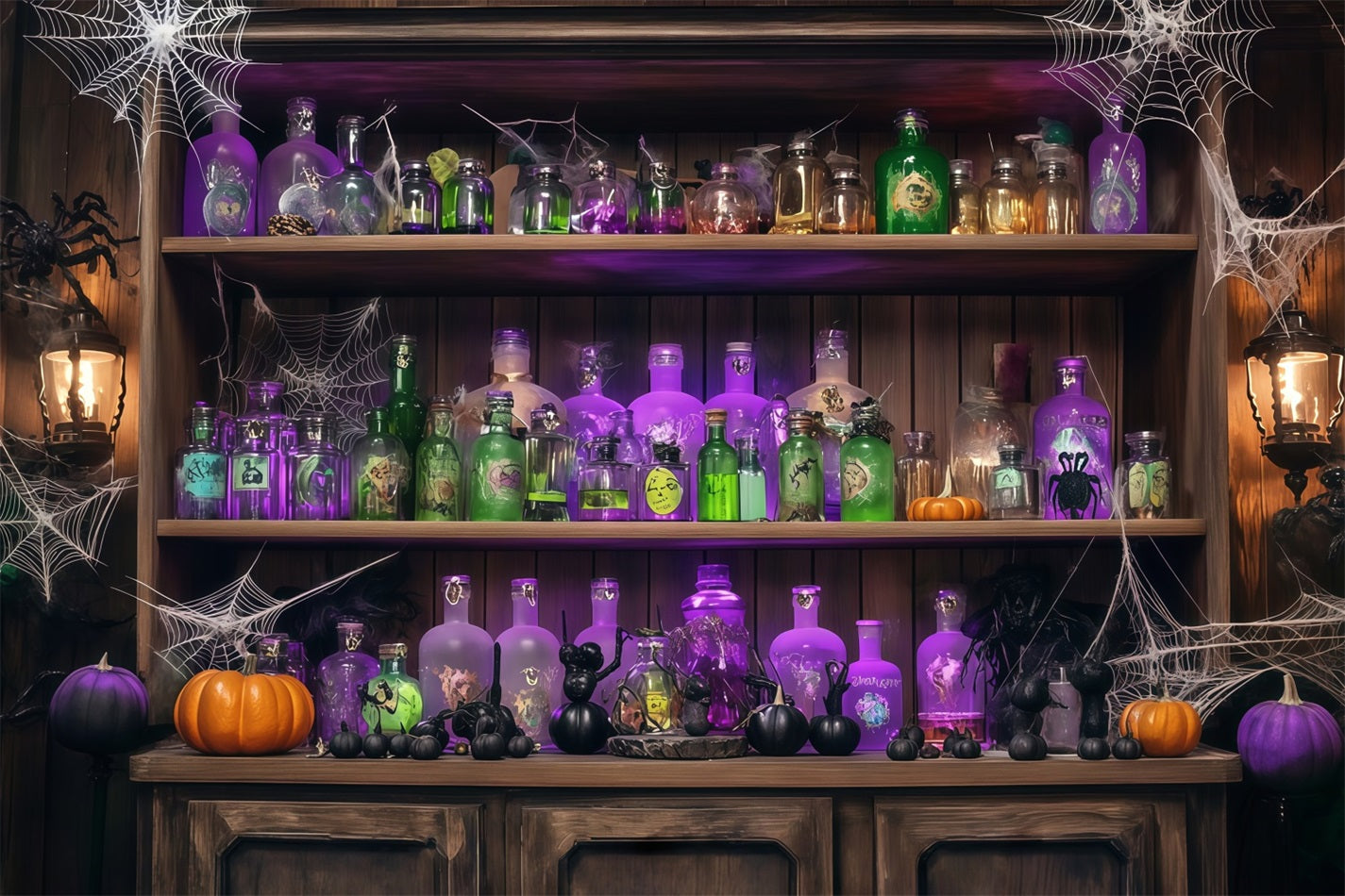 Halloween Wall Backdrop Potion Bottles and Cobwebs on Wooden Shelf Halloween Backdrops UK TWW58-48