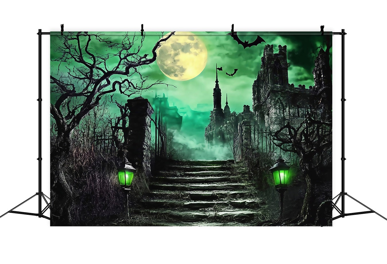 Halloween Graveyard Backdrop Haunted Castle Stairs under Green Moon Halloween Photo Backdrops UK TWW58-52