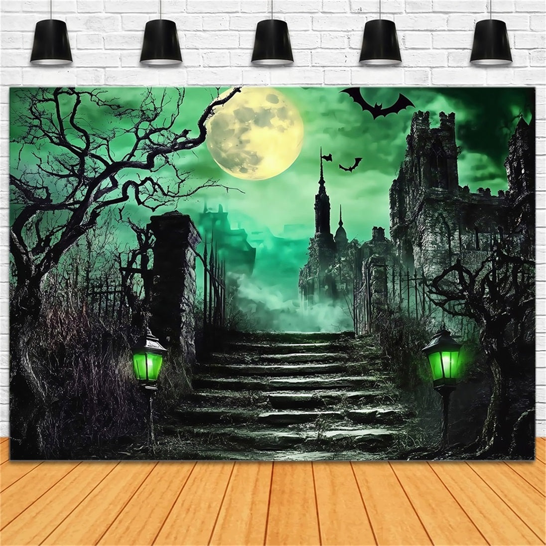 Halloween Graveyard Backdrop Haunted Castle Stairs under Green Moon Halloween Photo Backdrops UK TWW58-52