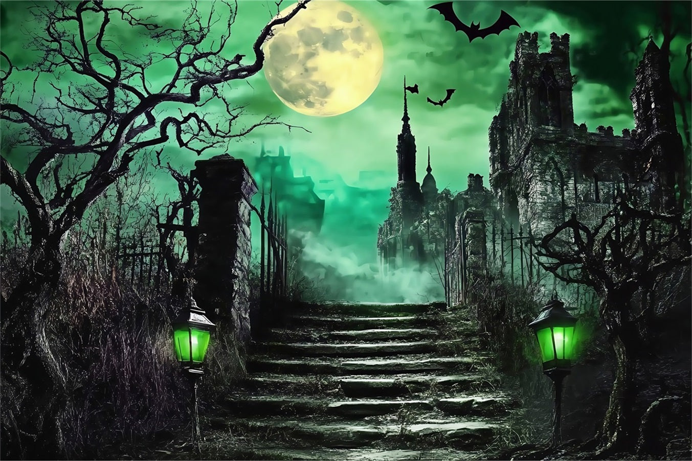 Halloween Graveyard Backdrop Haunted Castle Stairs under Green Moon Halloween Photo Backdrops UK TWW58-52