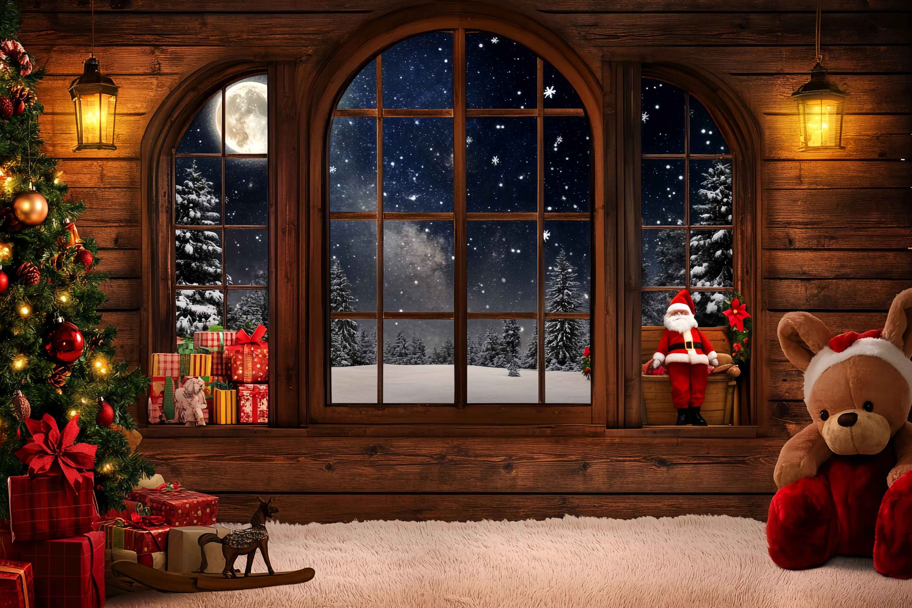 Santa Backdrop Cozy Cabin Window Santa Gifts Christmas Backdrop UK TWW58-53
