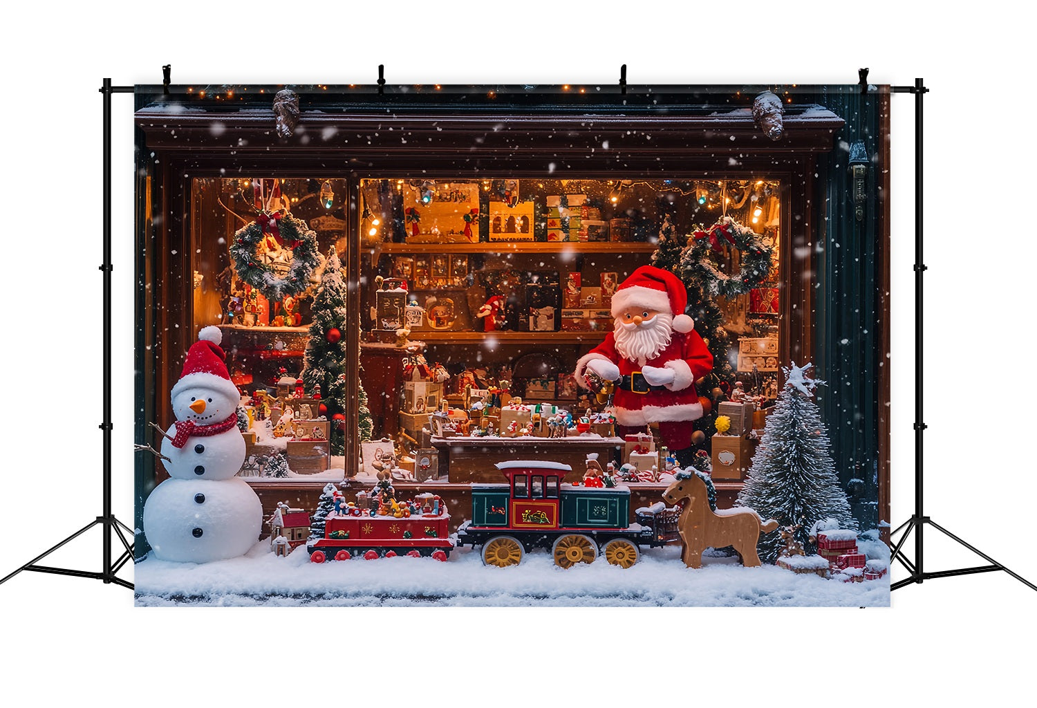 Santa's Workshop Backdrop Snowy Toy Shop Santa Train Christmas Photo Backdrop UK TWW58-55