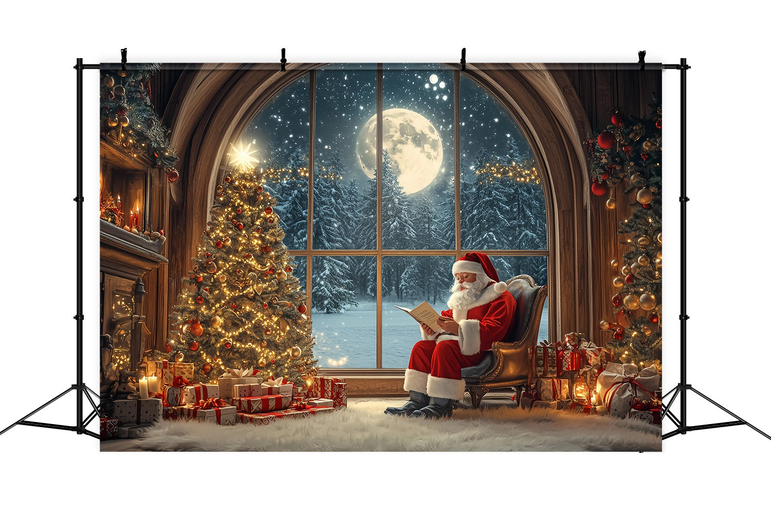Santa Photo Backdrops Santa Reading Moonlit Christmas Tree Christmas Backdrop for Photos UK TWW58-56