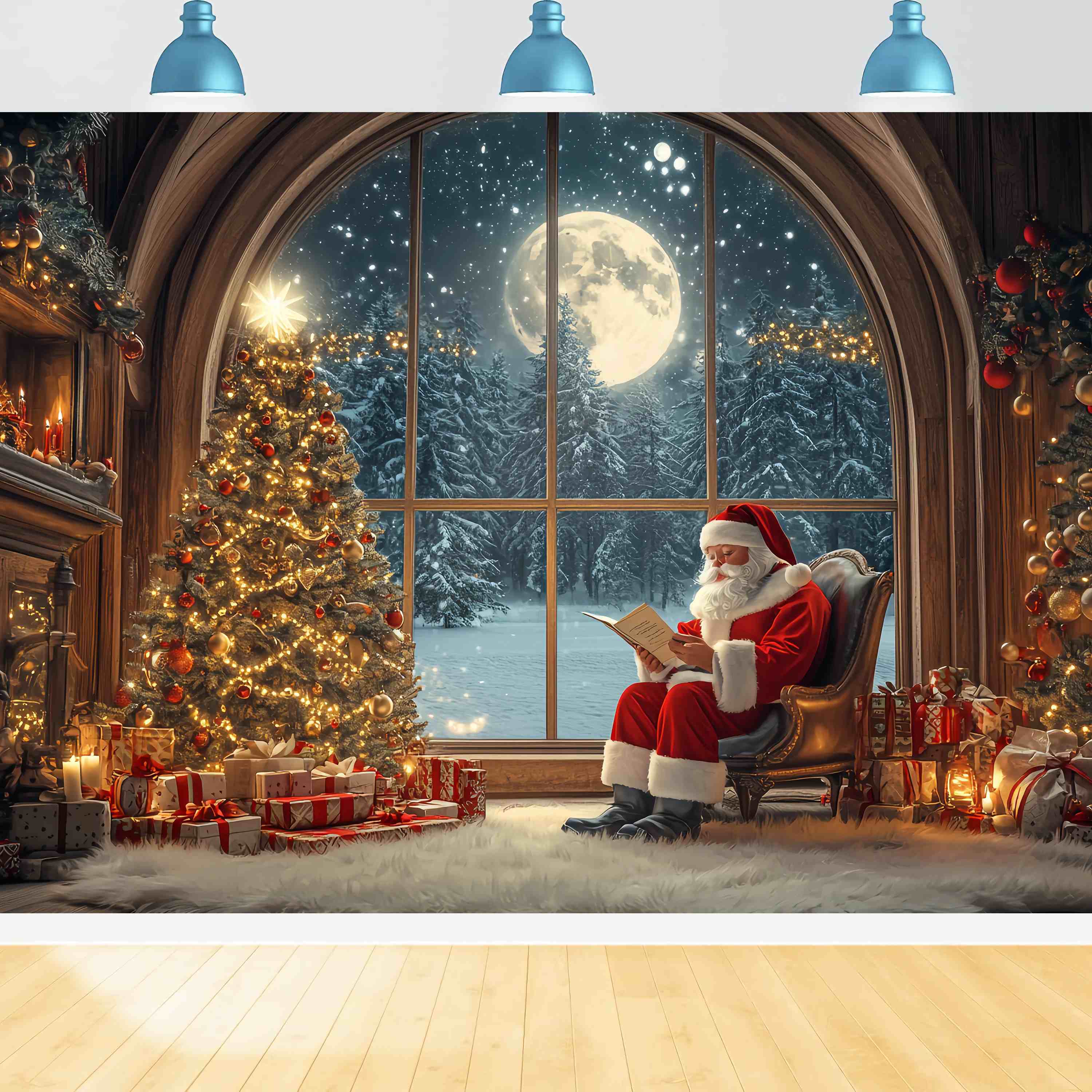 Santa Photo Backdrops Santa Reading Moonlit Christmas Tree Christmas Backdrop for Photos UK TWW58-56