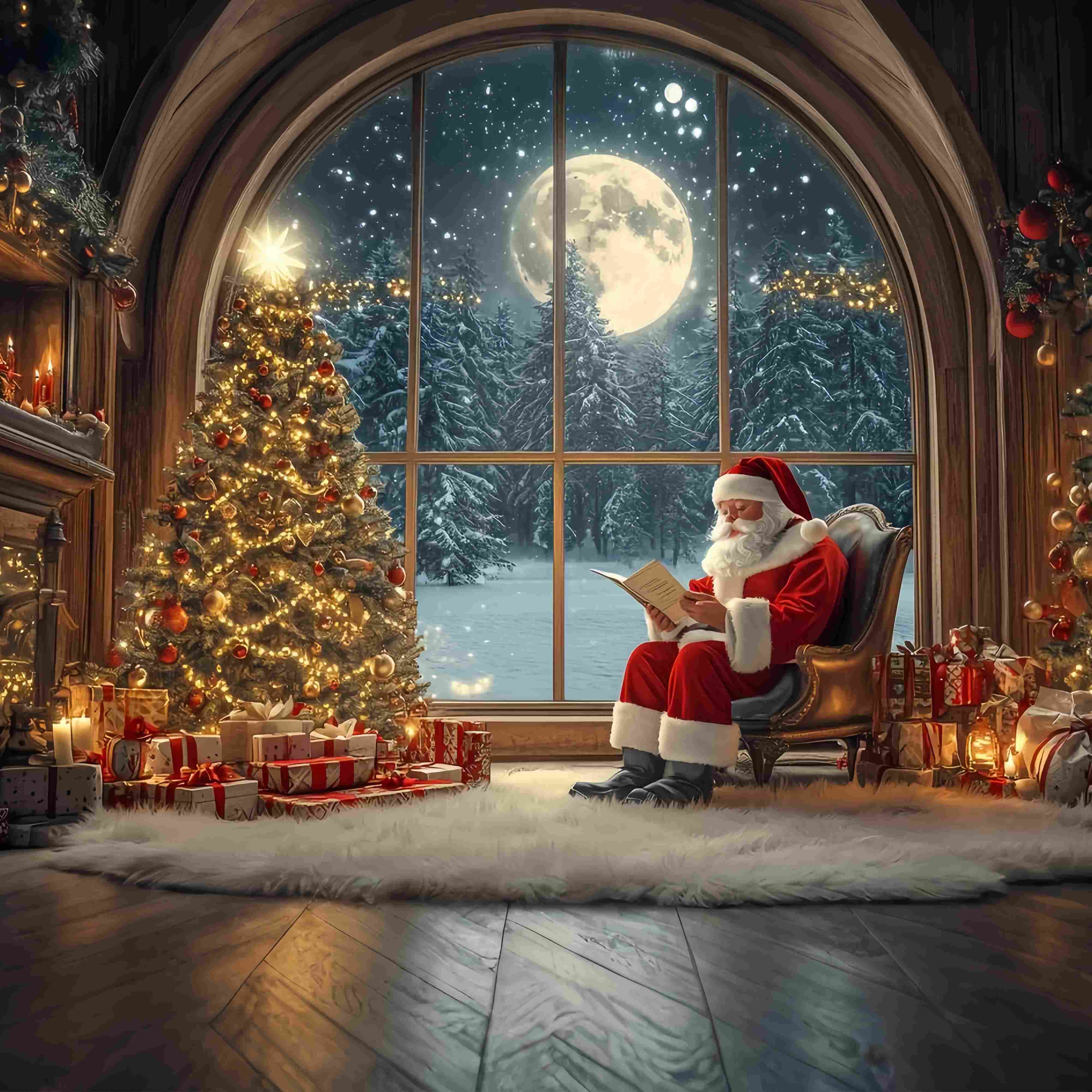 Santa Photo Backdrops Santa Reading Moonlit Christmas Tree Christmas Backdrop for Photos UK TWW58-56