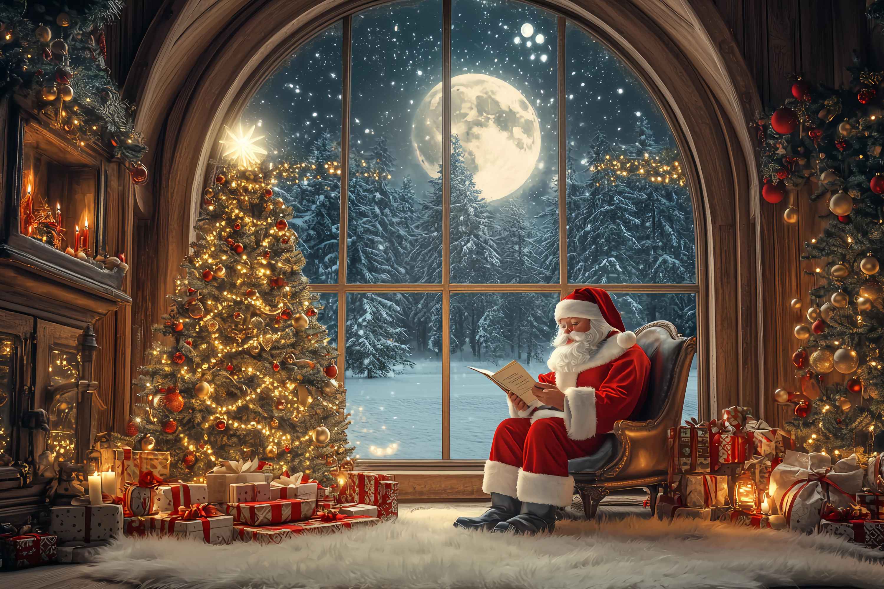 Santa Photo Backdrops Santa Reading Moonlit Christmas Tree Christmas Backdrop for Photos UK TWW58-56