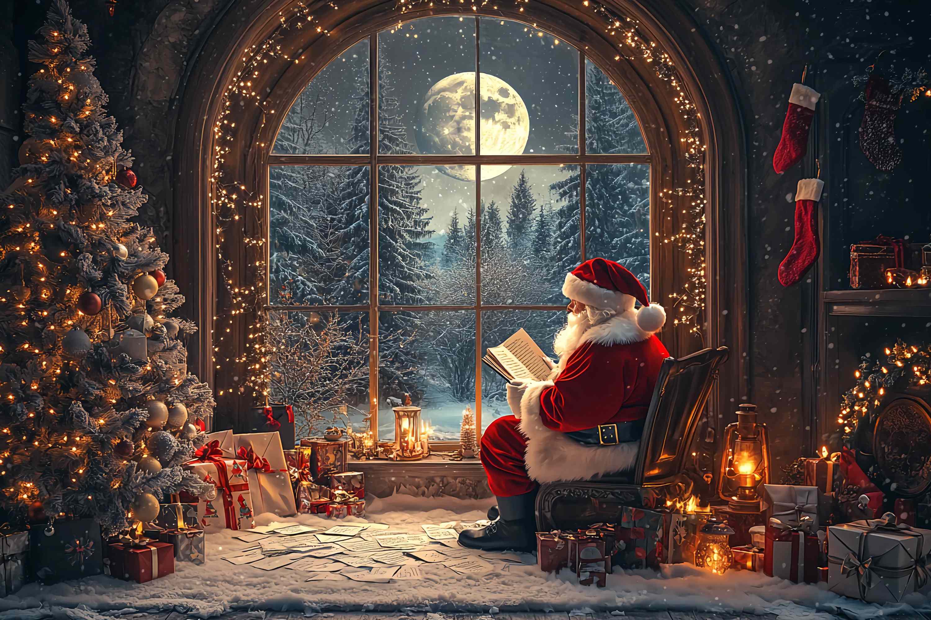 Santa Backdrop Santa Moonlit Window Reading Christmas Backdrop UK TWW58-58