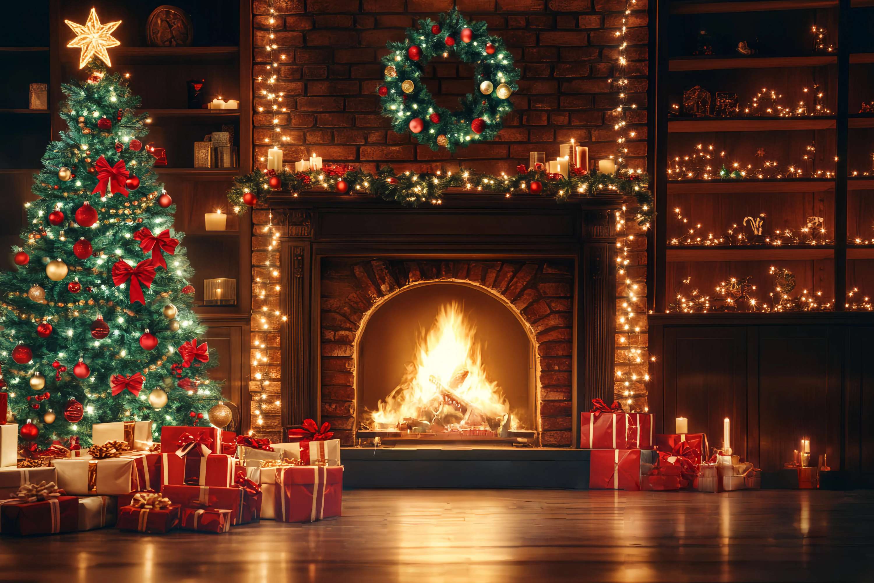 Christmas Fireplace Backdrop Fireplace Garland Christmas Tree Christmas Backdrops for Photography UK TWW58-59