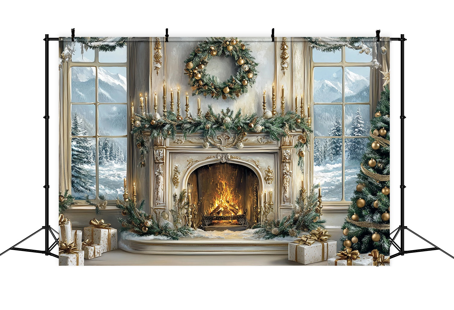 Christmas Fireplace Backdrop Elegant White Gold Fireplace Tree Christmas Photo Backdrop UK TWW58-60