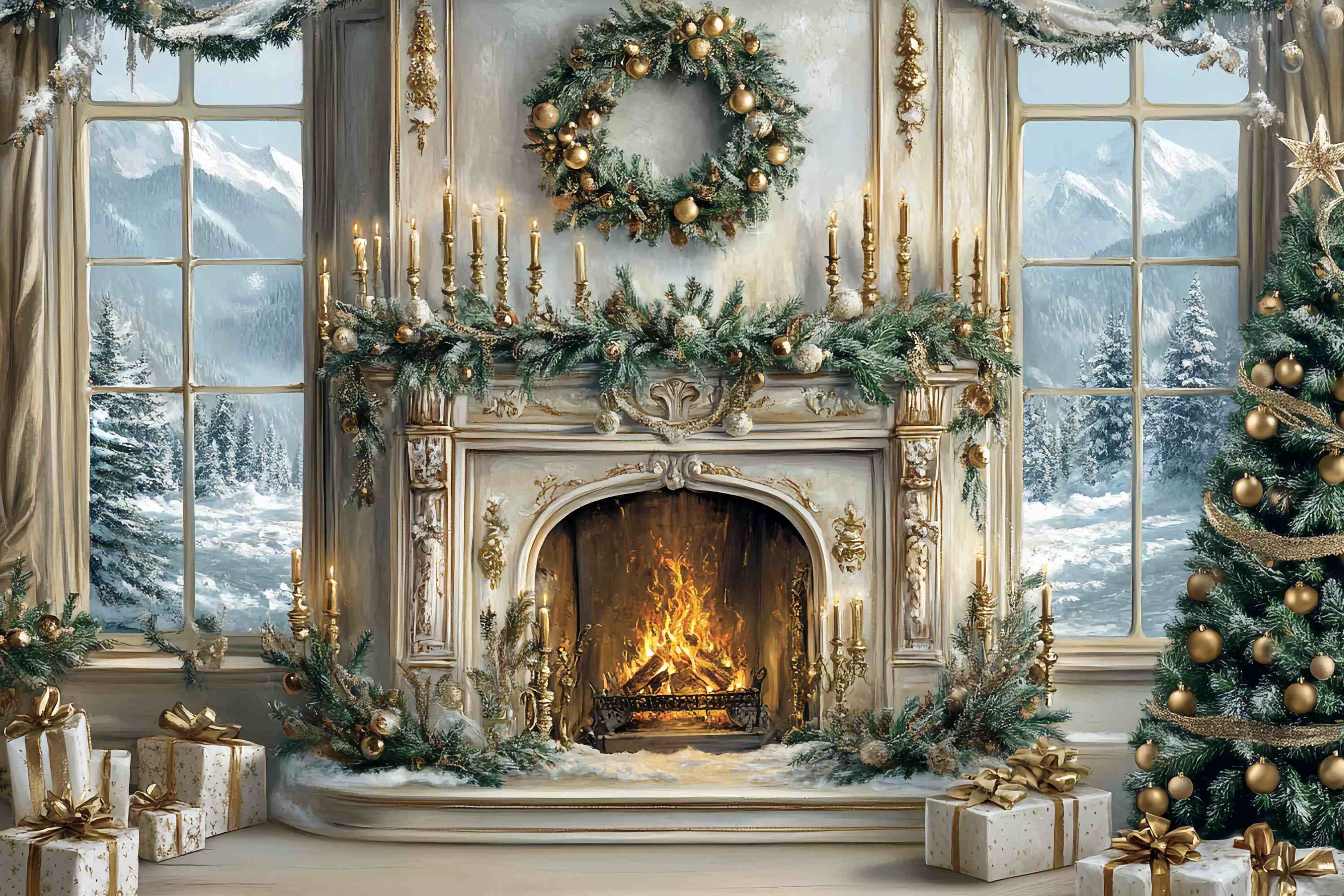 Christmas Fireplace Backdrop Elegant White Gold Fireplace Tree Christmas Photo Backdrop UK TWW58-60