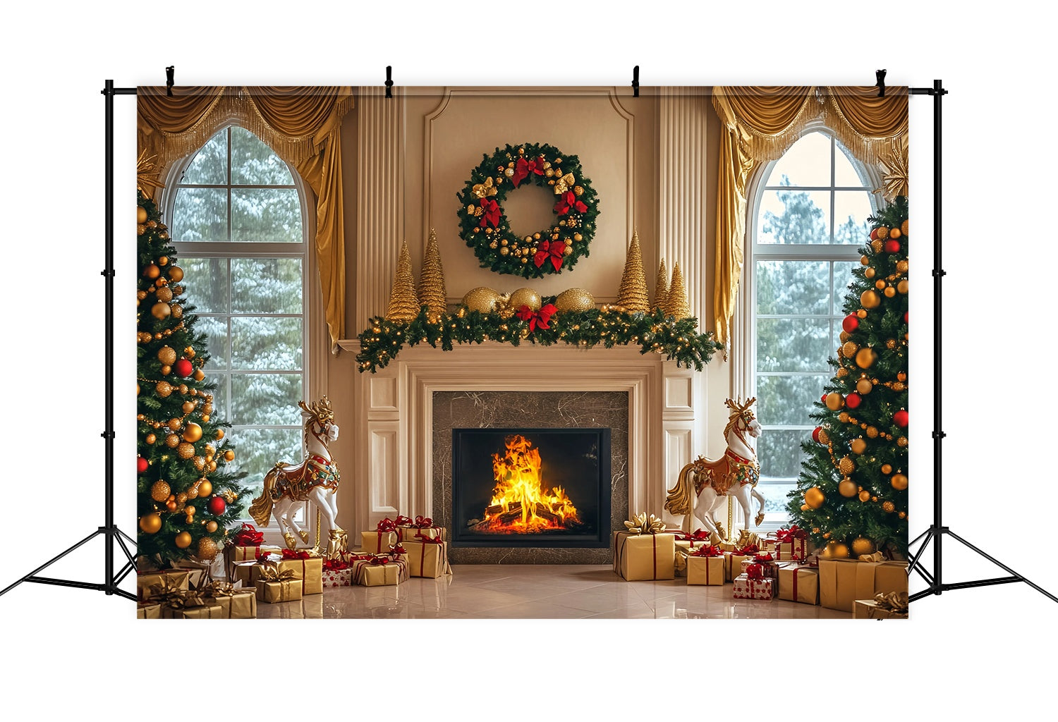 Christmas Fireplace Backdrop Golden Fireplace Wreath Gift Trees Christmas Backdrop Photography UK TWW58-61