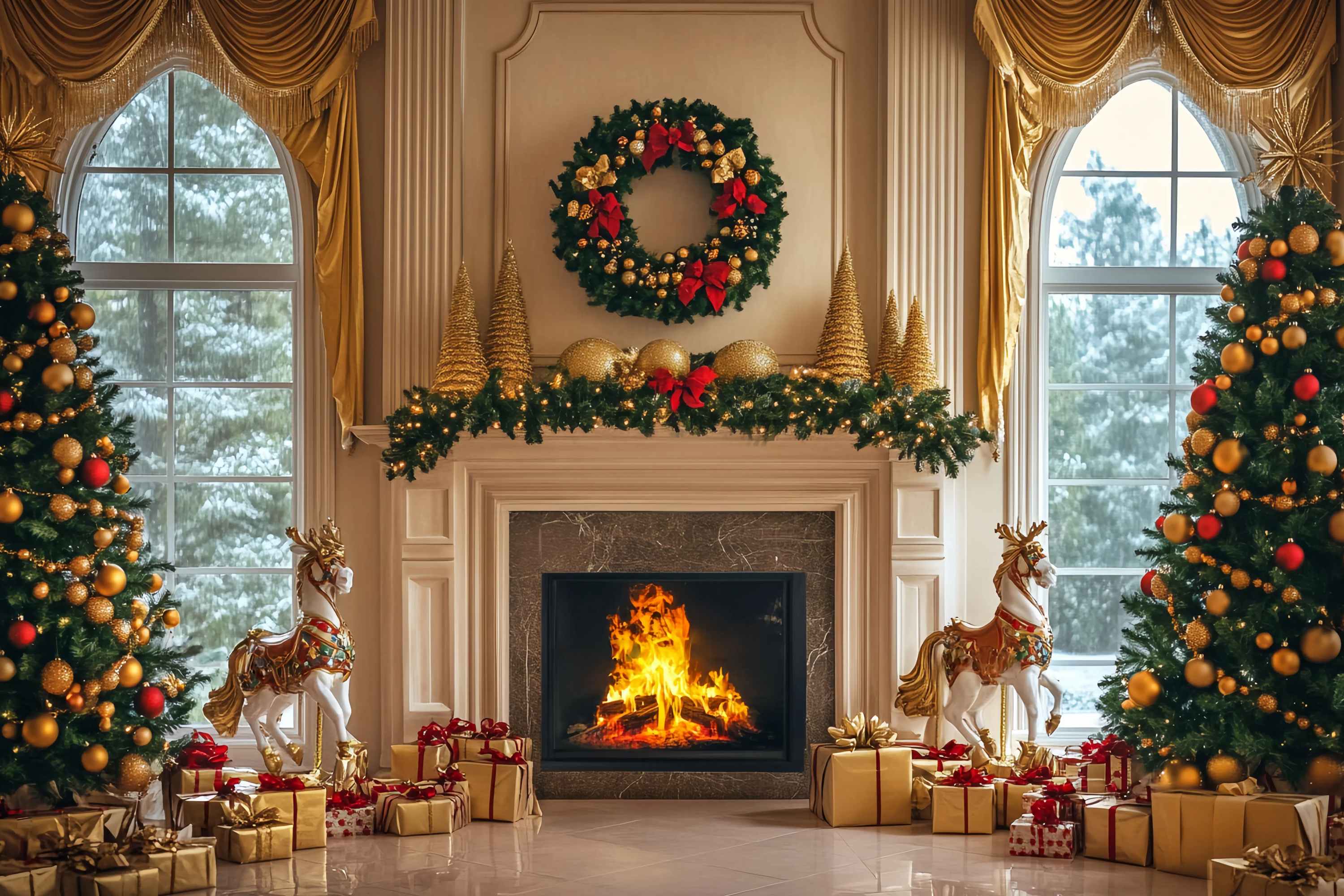 Christmas Fireplace Backdrop Golden Fireplace Wreath Gift Trees Christmas Backdrop Photography UK TWW58-61