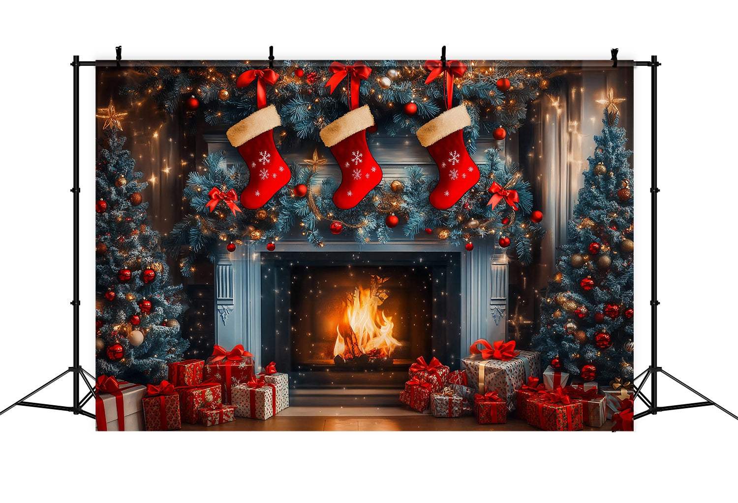 Christmas Fireplace Backdrop Stocking Garland Blue Pine Trees Christmas Backdrops UK TWW58-62
