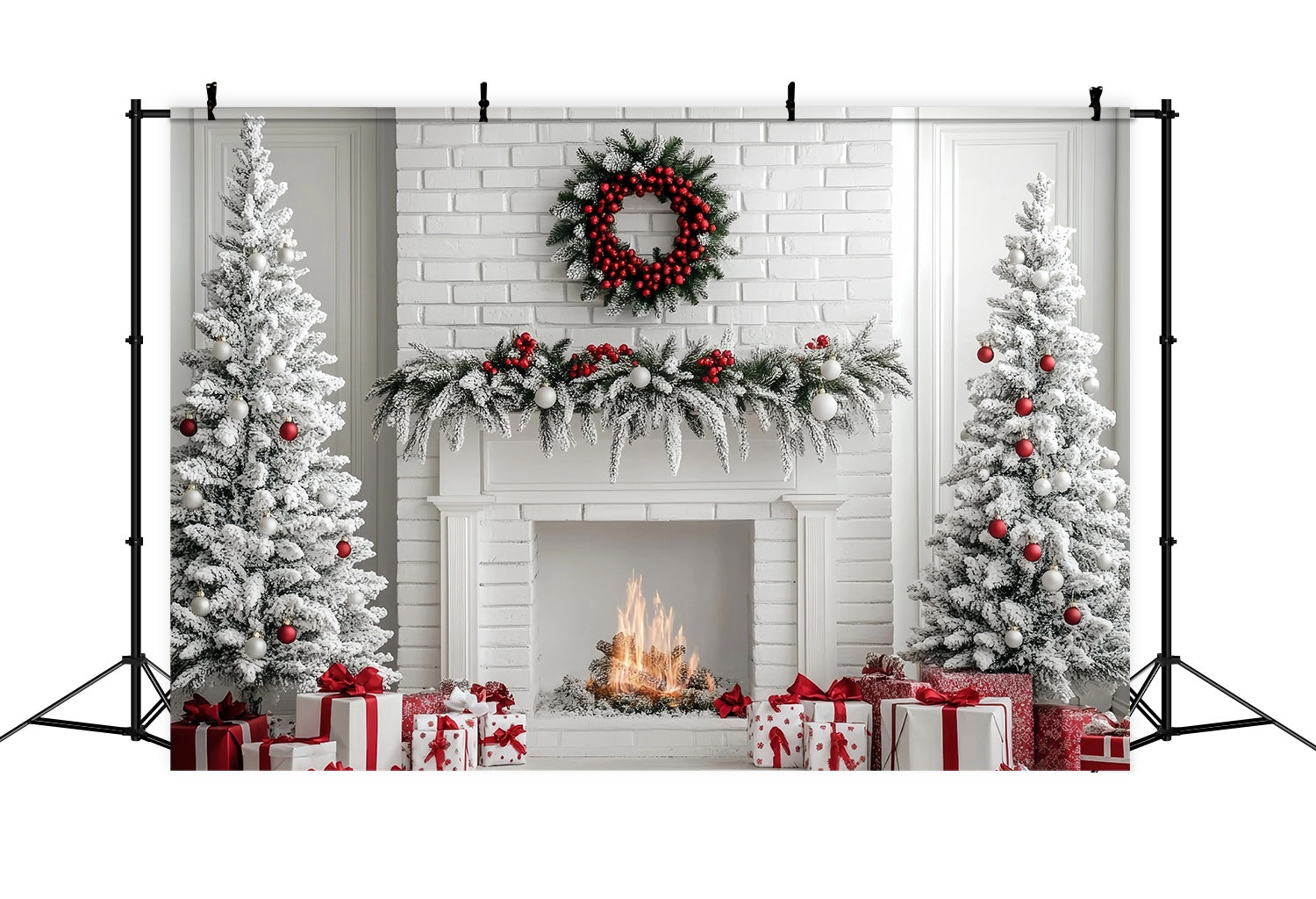 Christmas Fireplace Backdrop White Brick Fireplace Snow Trees Christmas Backdrop for Photos UK TWW58-63