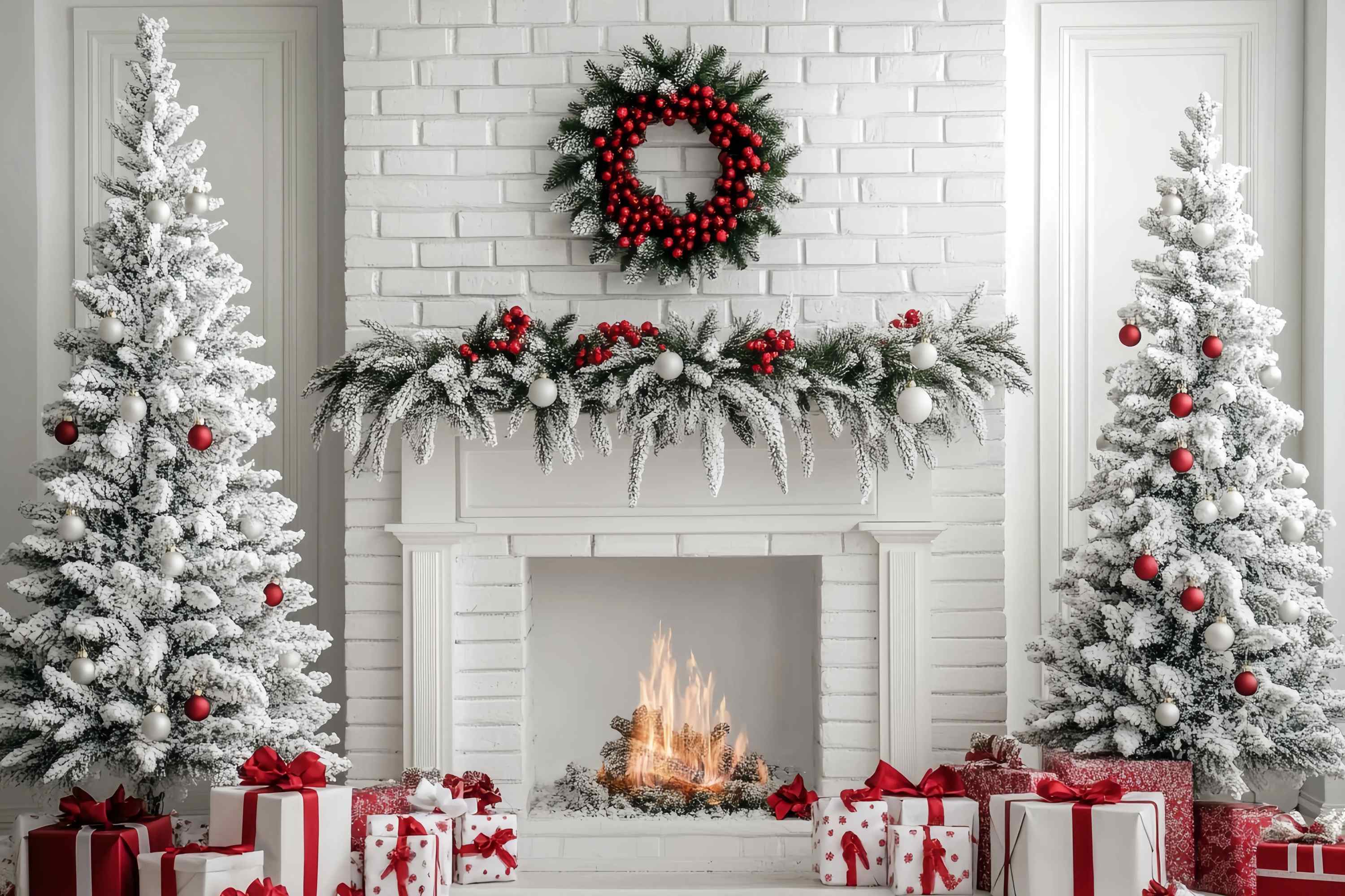 Christmas Fireplace Backdrop White Brick Fireplace Snow Trees Christmas Backdrop for Photos UK TWW58-63