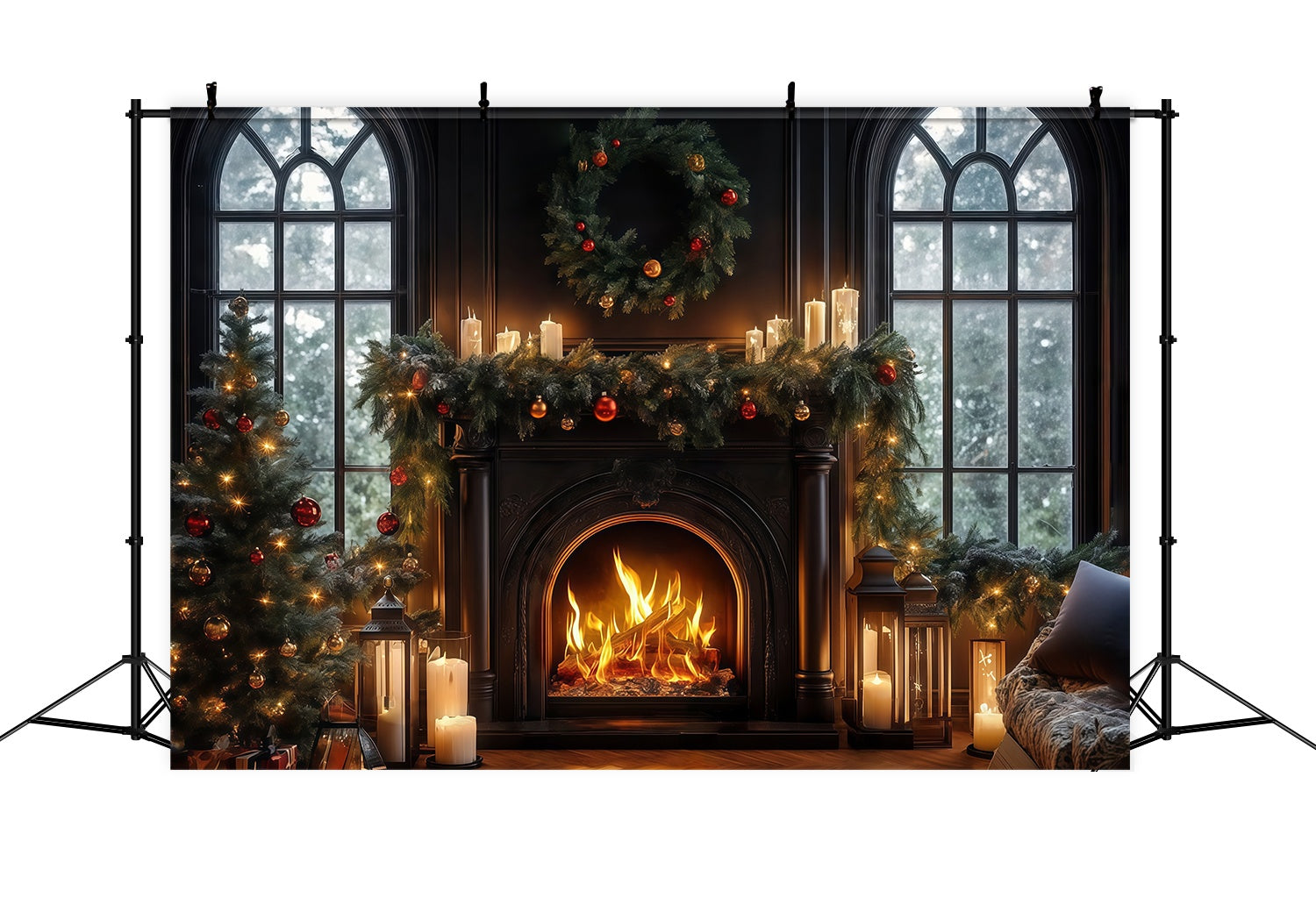 Christmas Fireplace Backdrop Candlelit Black Fireplace Wreath Christmas Backdrop Photography UK TWW58-64