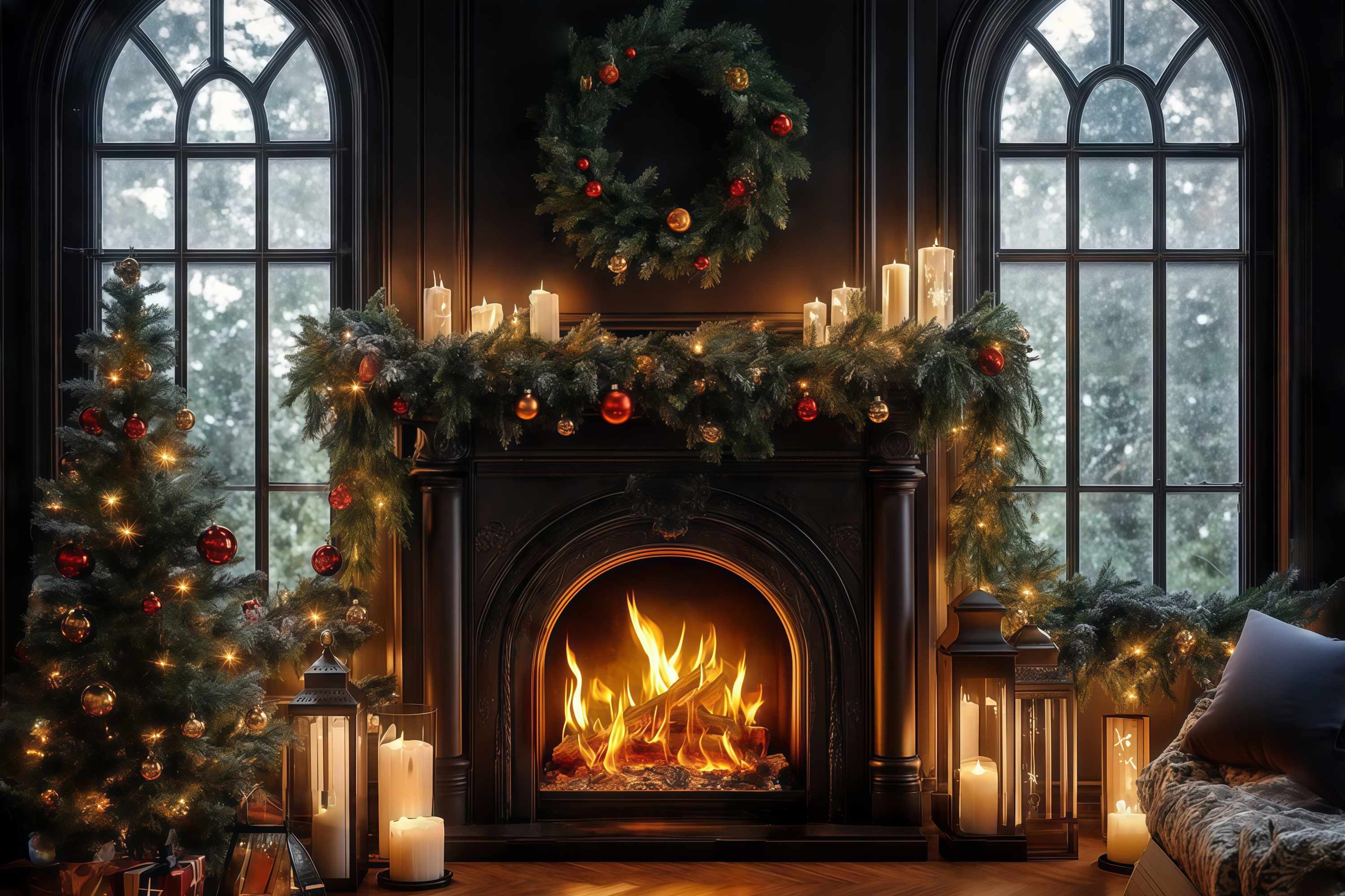 Christmas Fireplace Backdrop Candlelit Black Fireplace Wreath Christmas Backdrop Photography UK TWW58-64