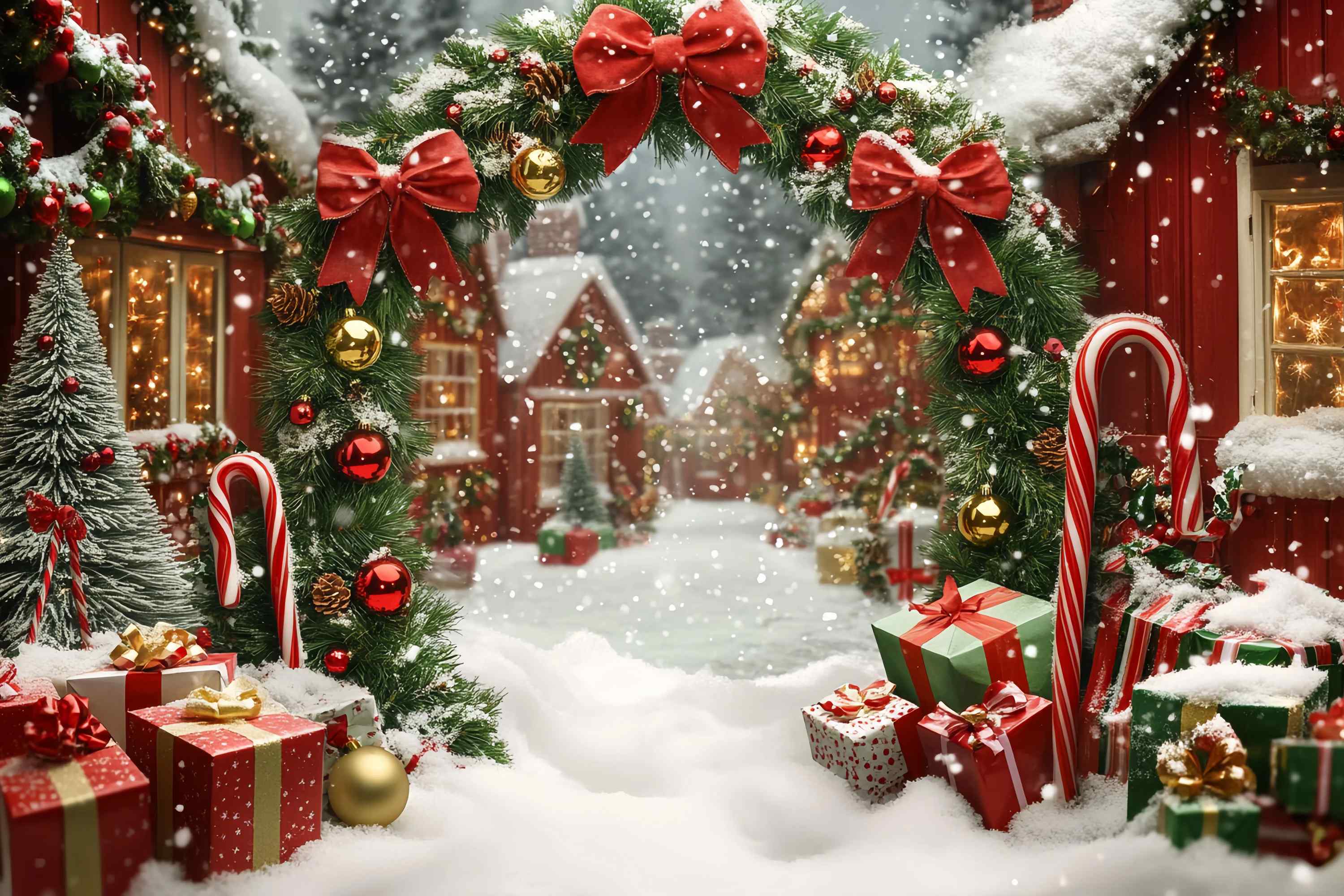 Christmas Village Backdrop Snowy Village Archway Gifts Garland Christmas Backdrop UK TWW58-65