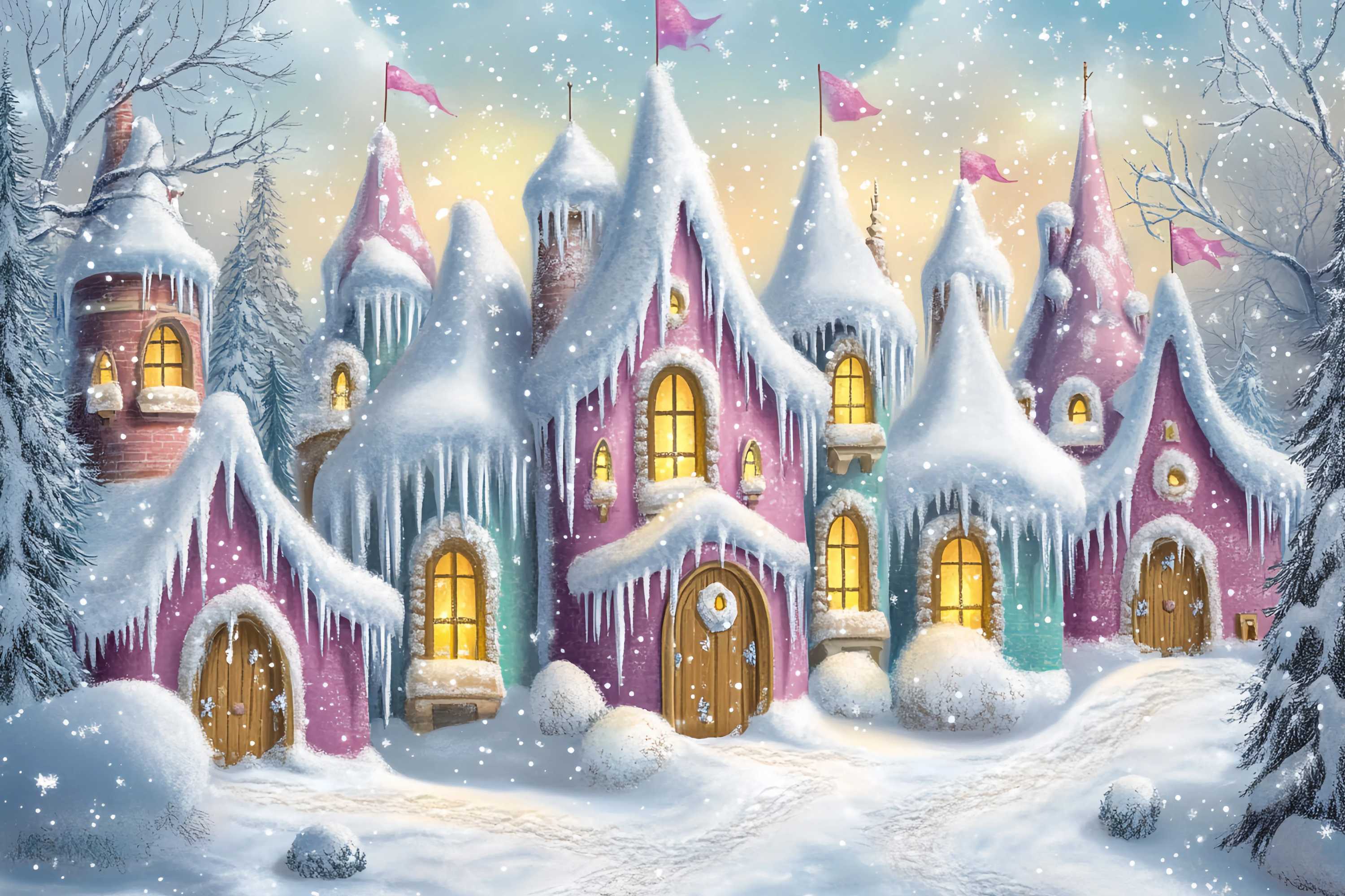 Christmas Village Backdrop Candy Color Icicle Cottage Row Backdrop Christmas UK TWW58-66