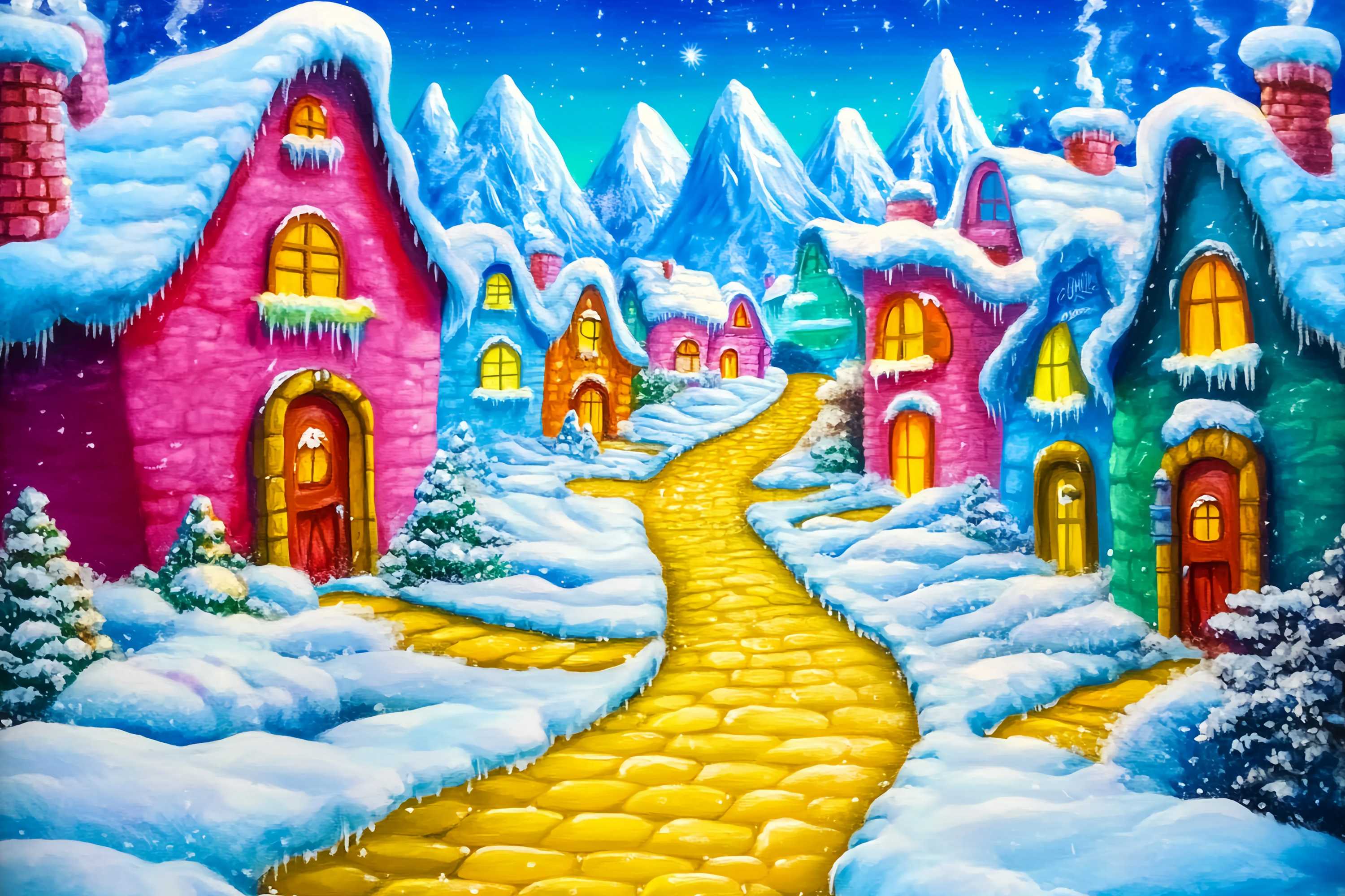 Christmas Village Backdrop Golden Path Snowy Colorful Cottages Christmas Photo Backdrop UK TWW58-67