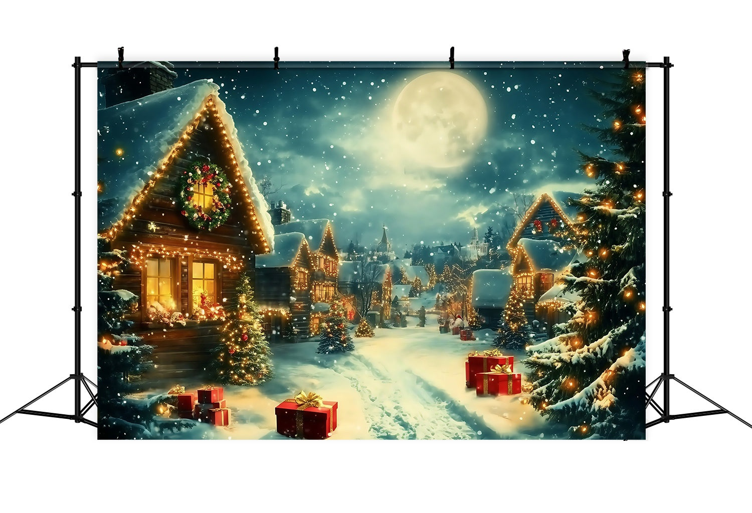 Christmas Village Backdrop Moonlit Village Snow Lights Gifts Christmas Backdrops UK TWW58-68